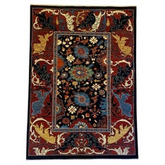 Contemporary Floral Wool Rug, Hand-Knotted, Black, Red, Blue, Cream, 4′ × 6′