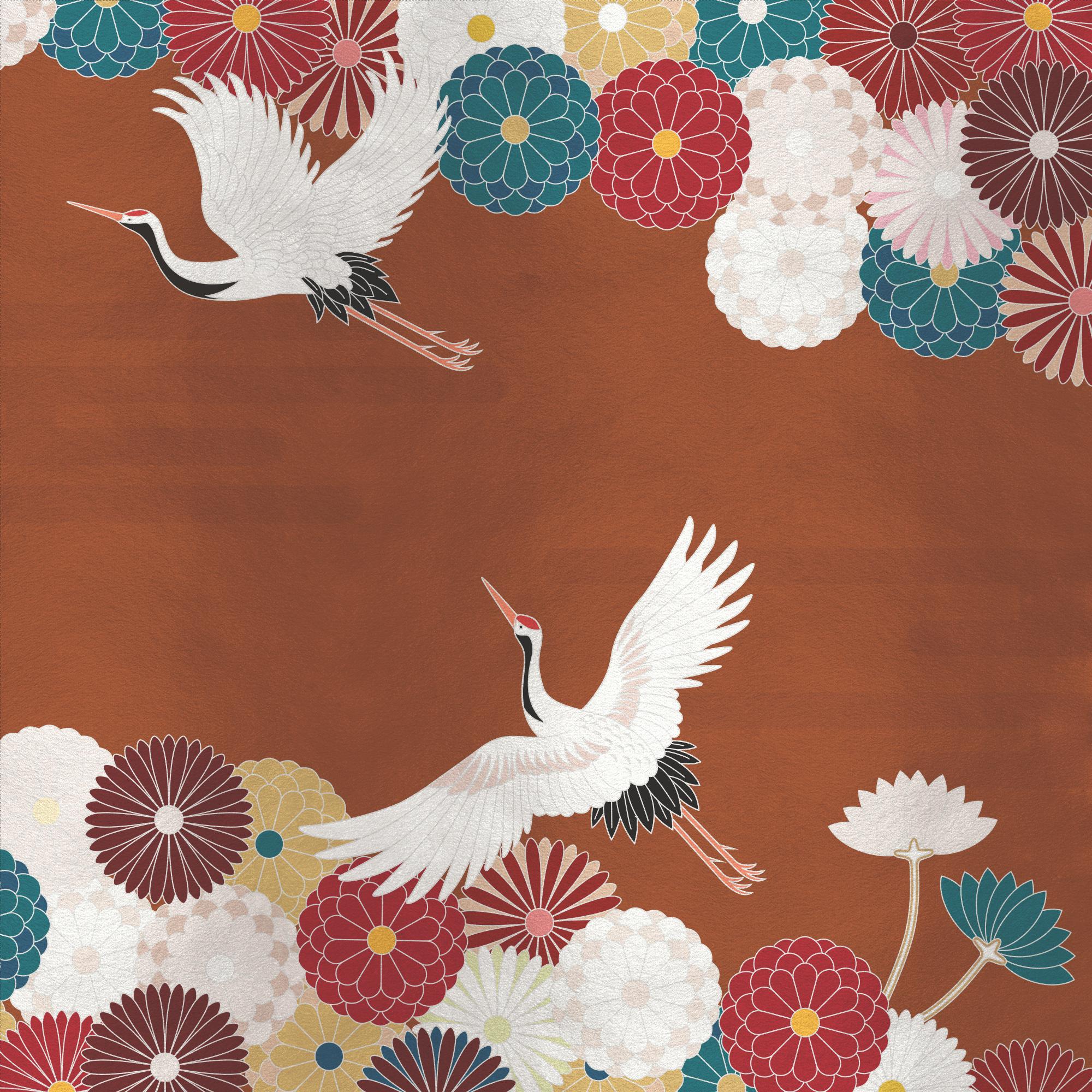 Modern Contemporary Flowers and Storks Silk Panel For Sale