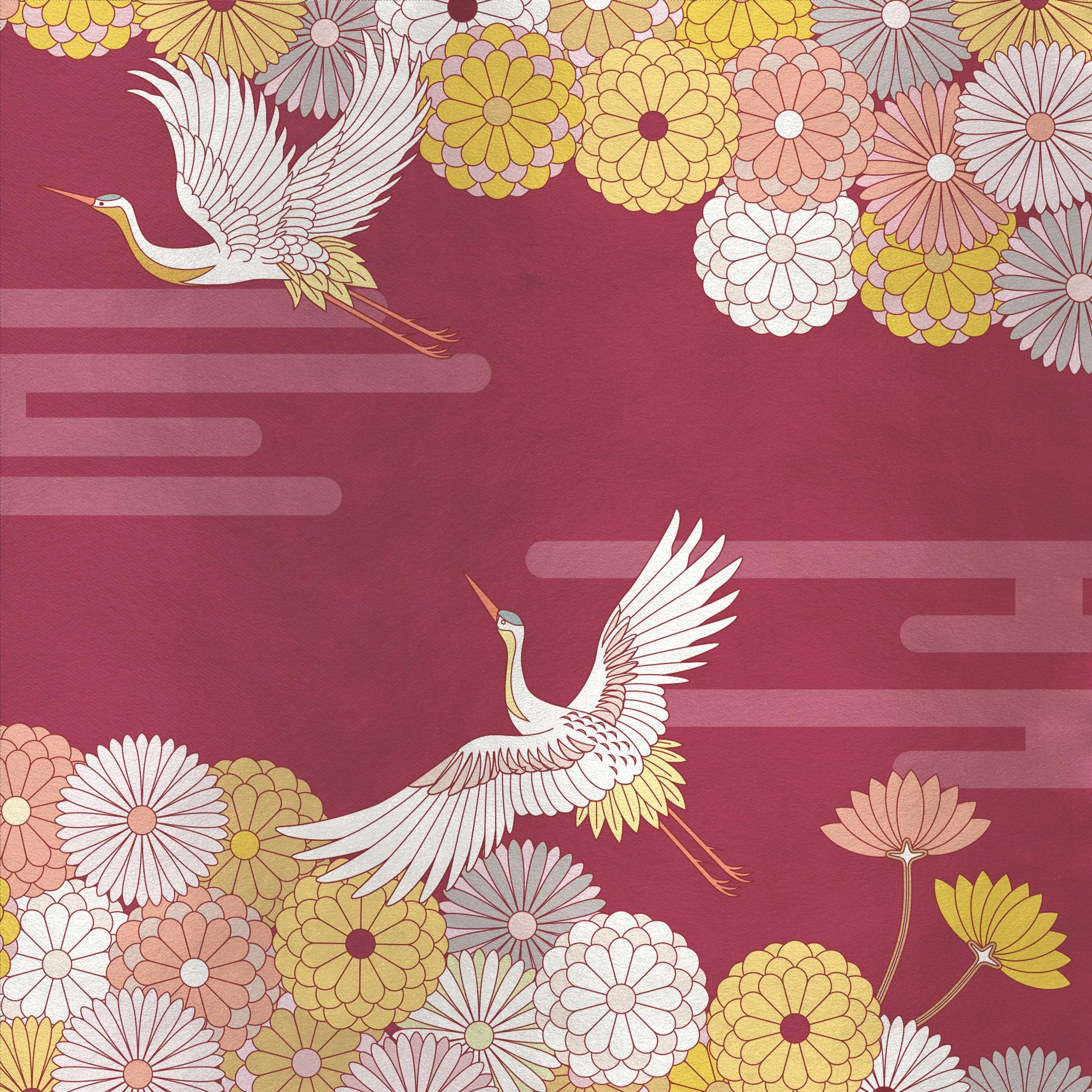Italian Contemporary Flowers and Storks Silk Panel For Sale