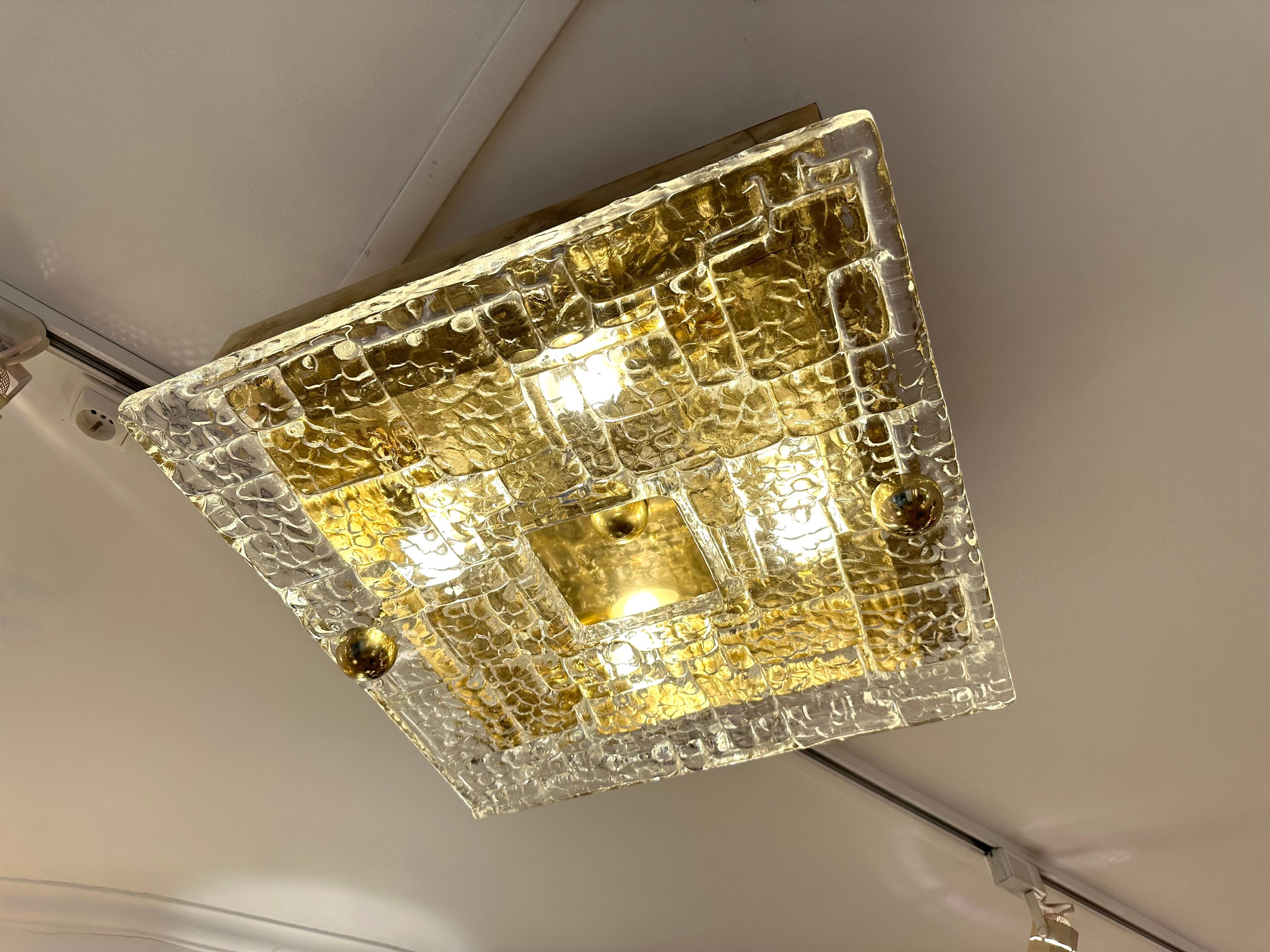 Mid-Century Modern Contemporary Flush Mount Brass and Murano Glass Textured Blade, Italy For Sale