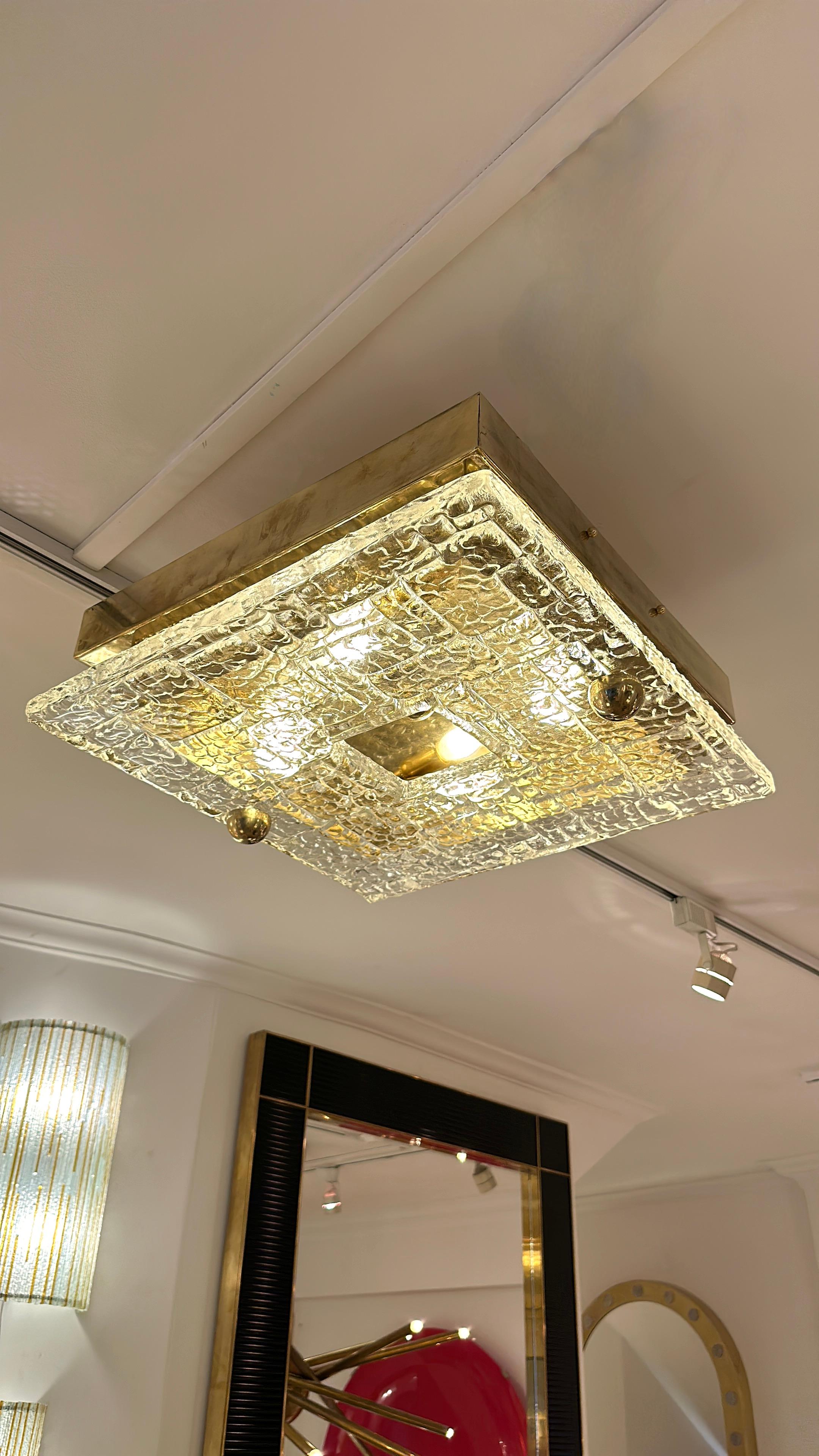 Contemporary Flush Mount Brass and Murano Glass Textured Blade, Italy For Sale 3