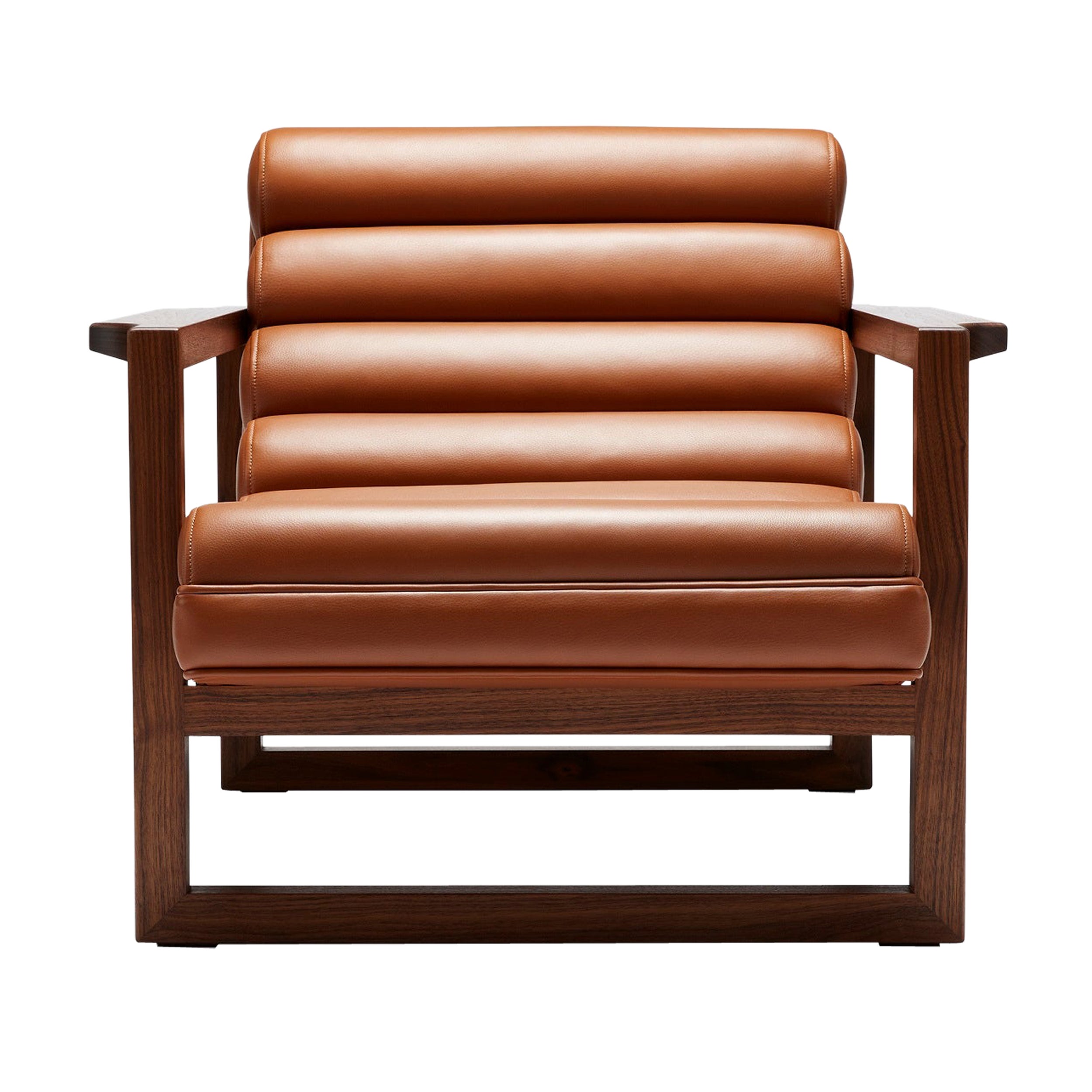 Contemporary Fluted Florence Sessel aus braunem Leder und geöltem Nussbaumgestell