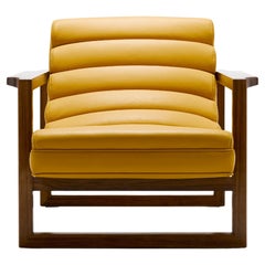Contemporary Fluted Florence Easy Chair in Yellow Leather and Oiled Walnut Frame