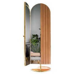 Contemporary Foldable Floor Mirror Handcrafted in Leather and Polished Brass