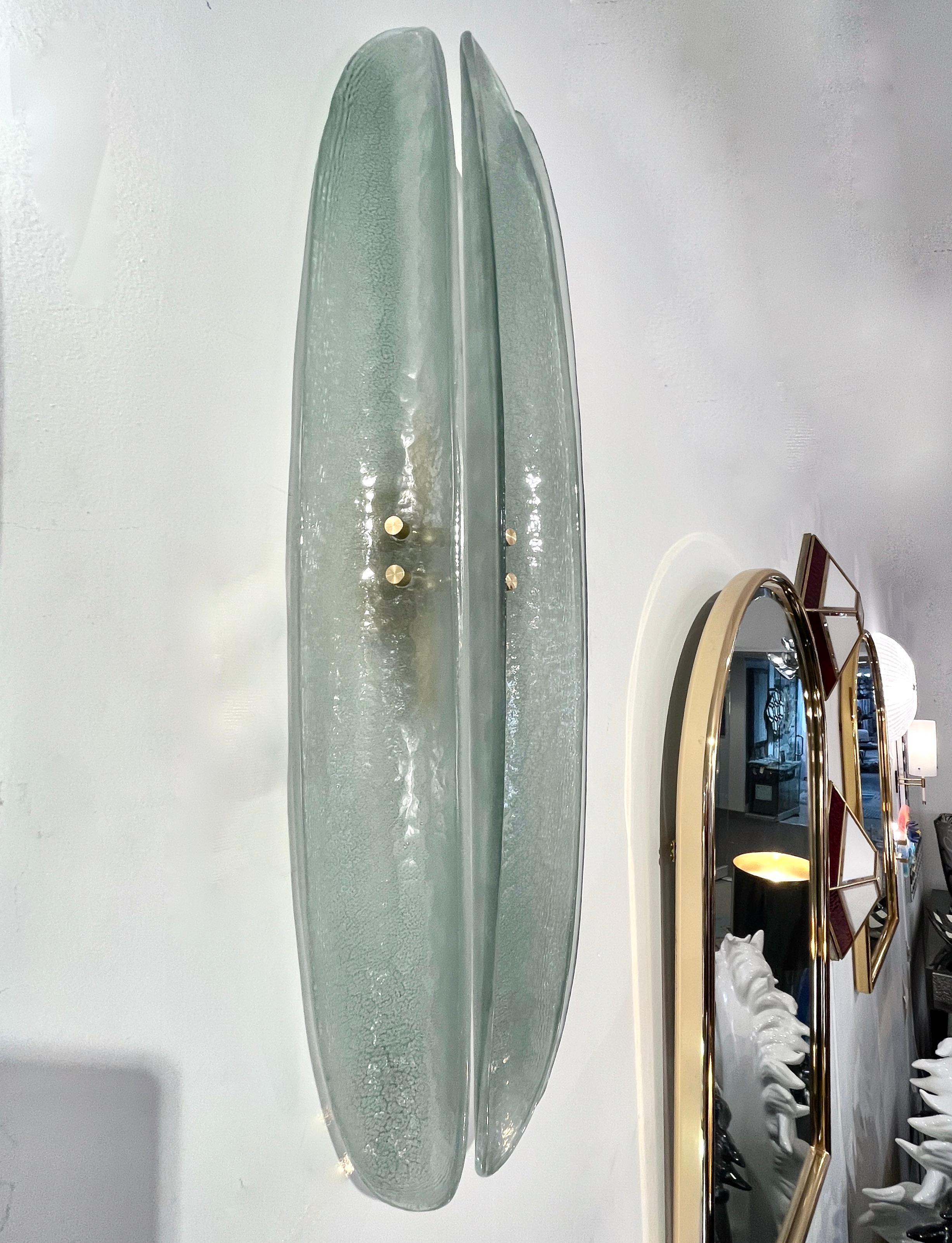 Metal Contemporary Fontana Arte Style Aqua Green Blue Murano Glass Flame Wall Light For Sale