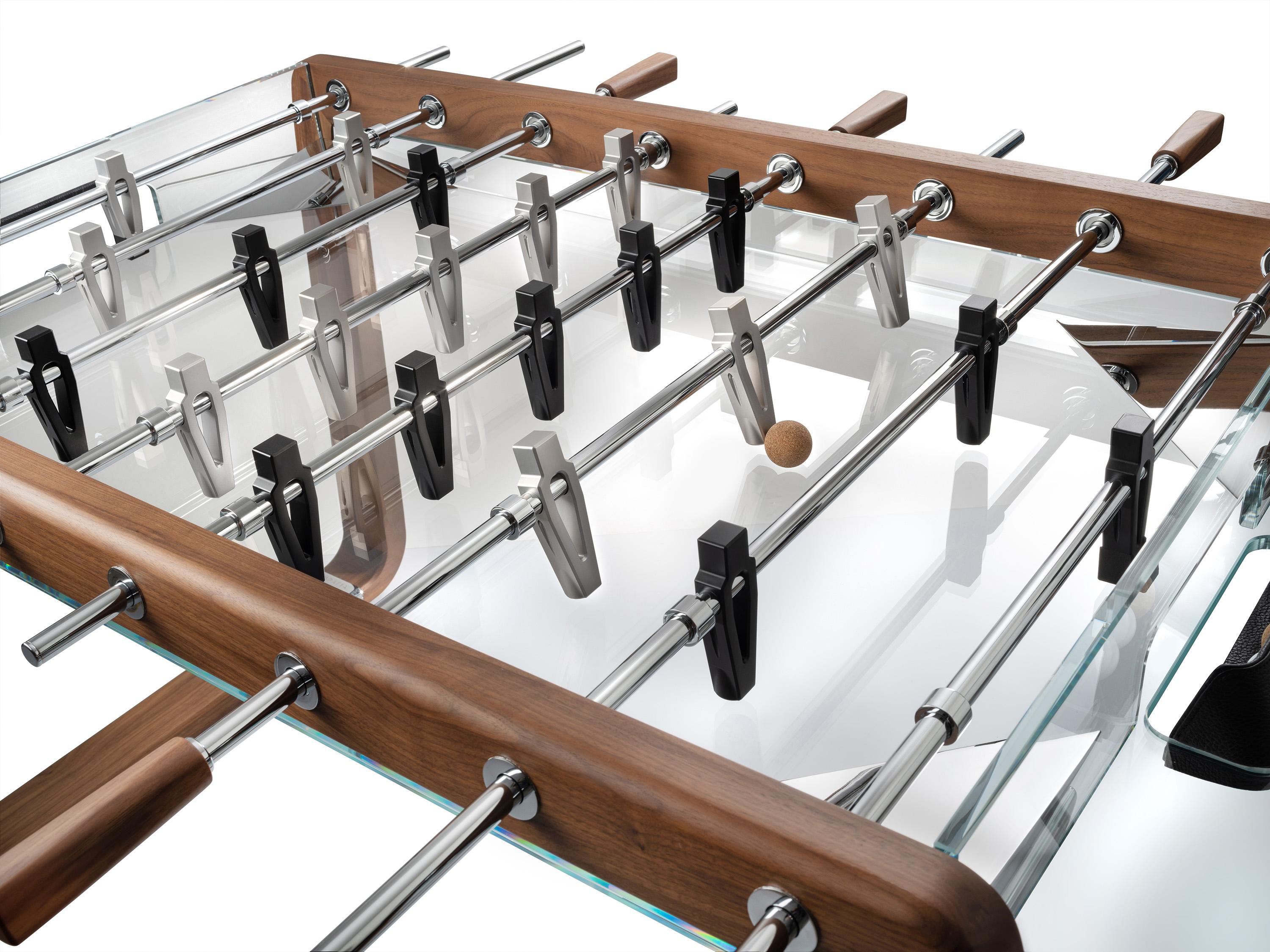 Modern Contemporary Foosball Table Derby with Walnut Wood and Clear Glass by Impatia For Sale