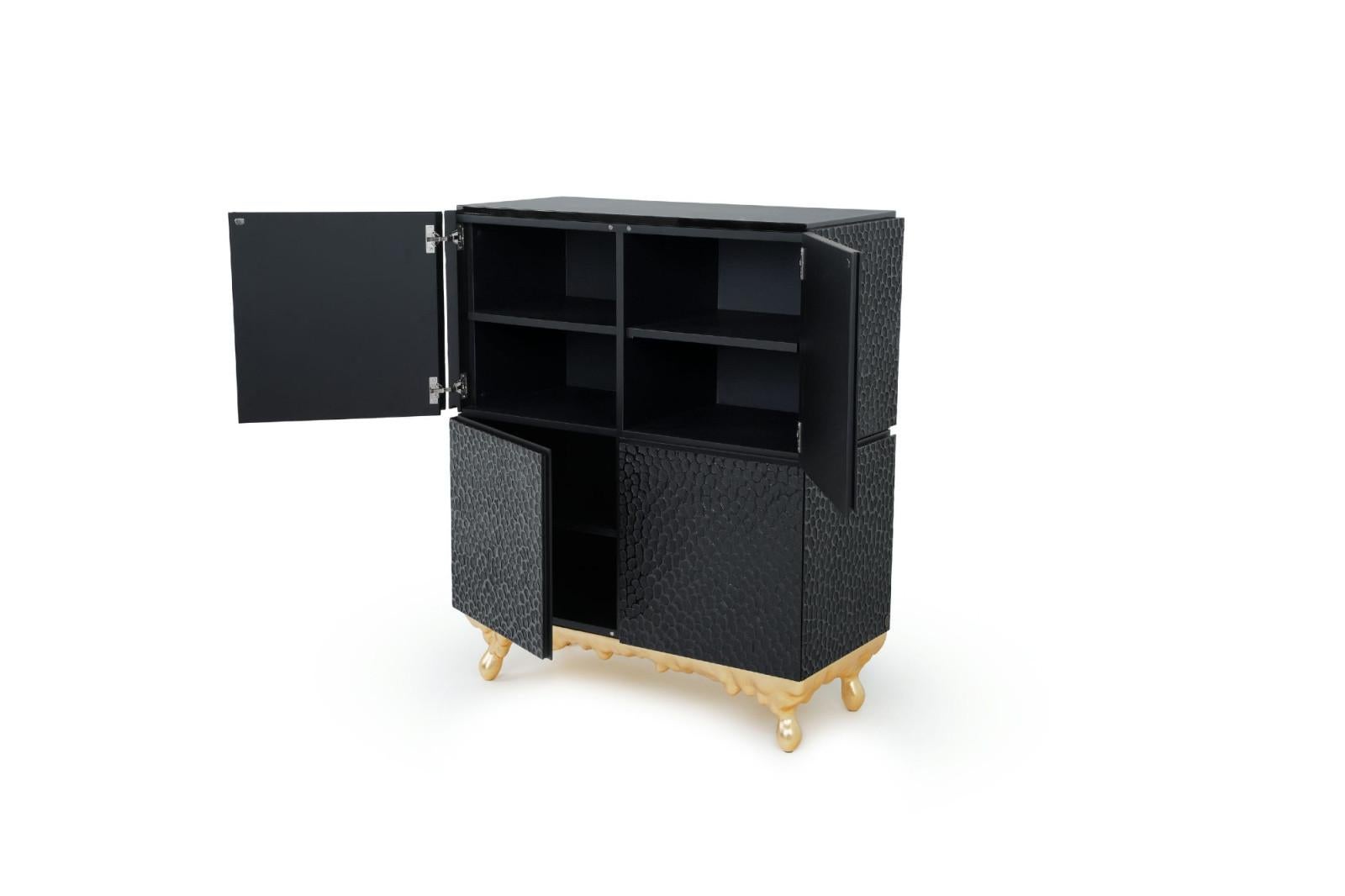 Modern Contemporary Four-Door Cabinet with Textured Black and Gold Leaf Finish For Sale