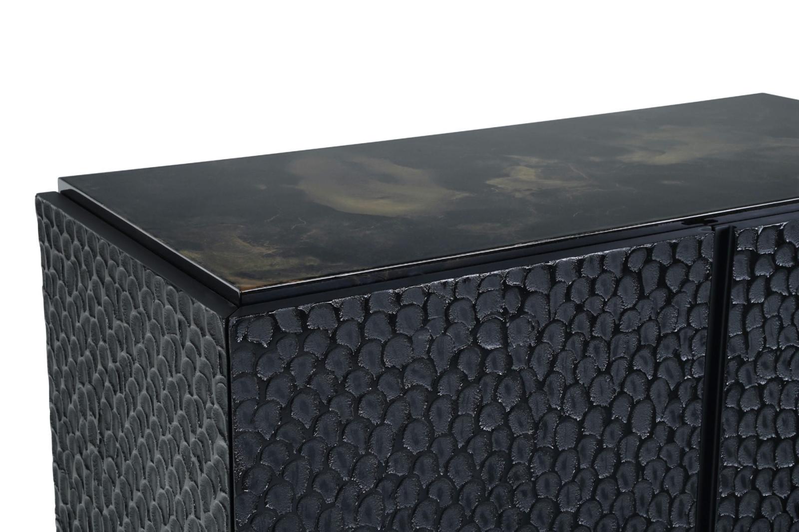 Portuguese Contemporary Four-Door Cabinet with Textured Black and Gold Leaf Finish For Sale
