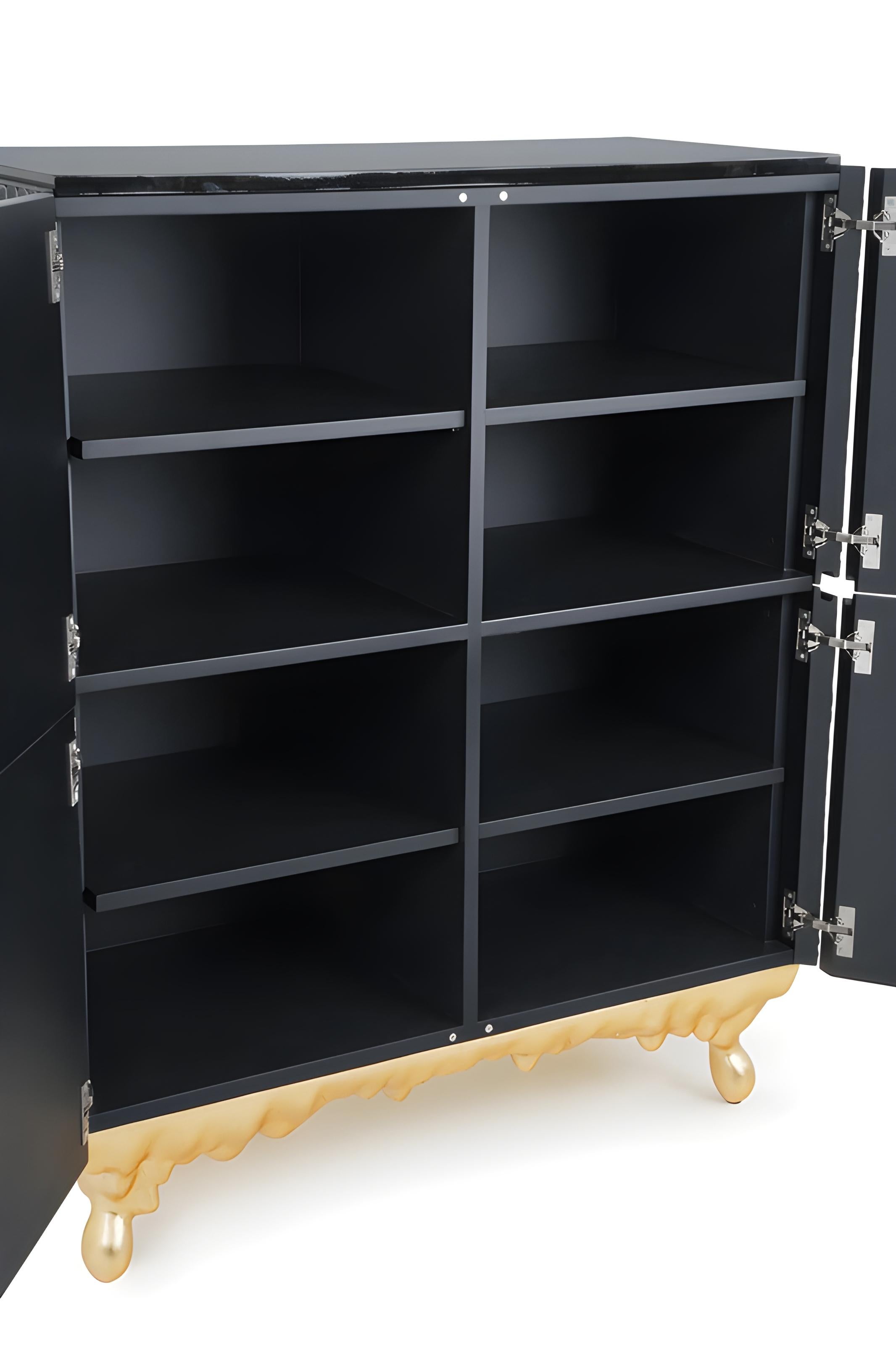 Resin Contemporary Four-Door Cabinet with Textured Black and Gold Leaf Finish For Sale