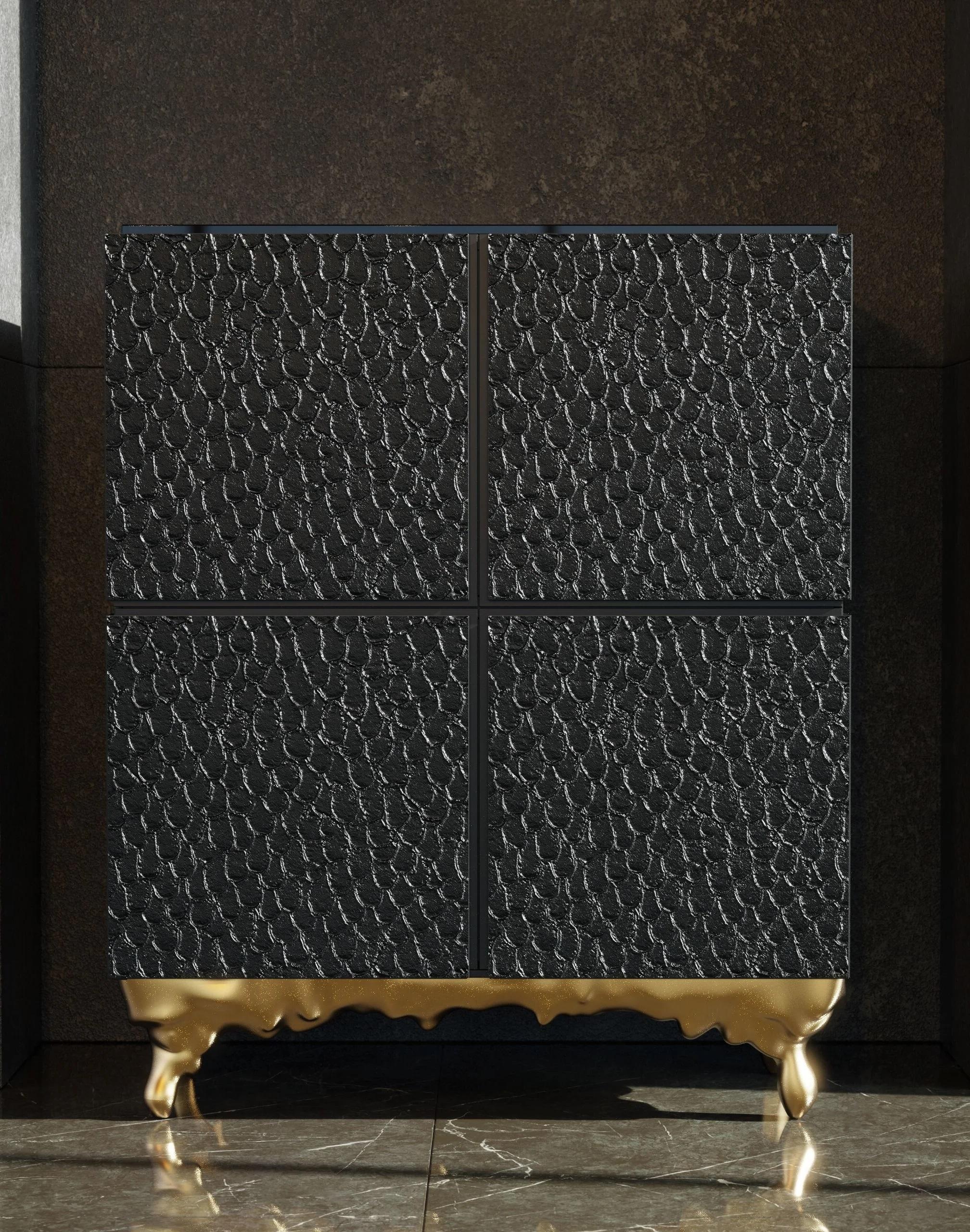 Contemporary Four-Door Cabinet with Textured Black and Gold Leaf Finish For Sale 1