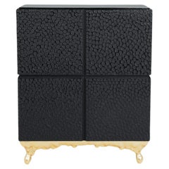 Contemporary Four-Door Cabinet with Textured Black and Gold Leaf Finish