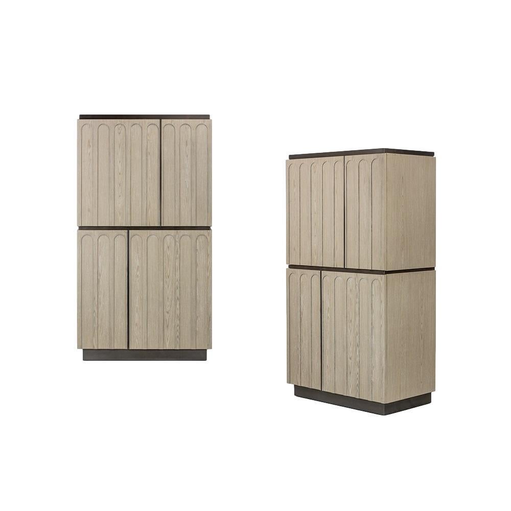 Modern Contemporary Four Doors Cabinet In Oak Wood And Oxidized Brass For Sale