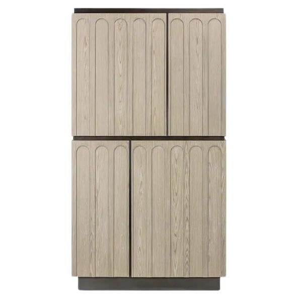 Contemporary Four Doors Cabinet In Oak Wood And Oxidized Brass For Sale