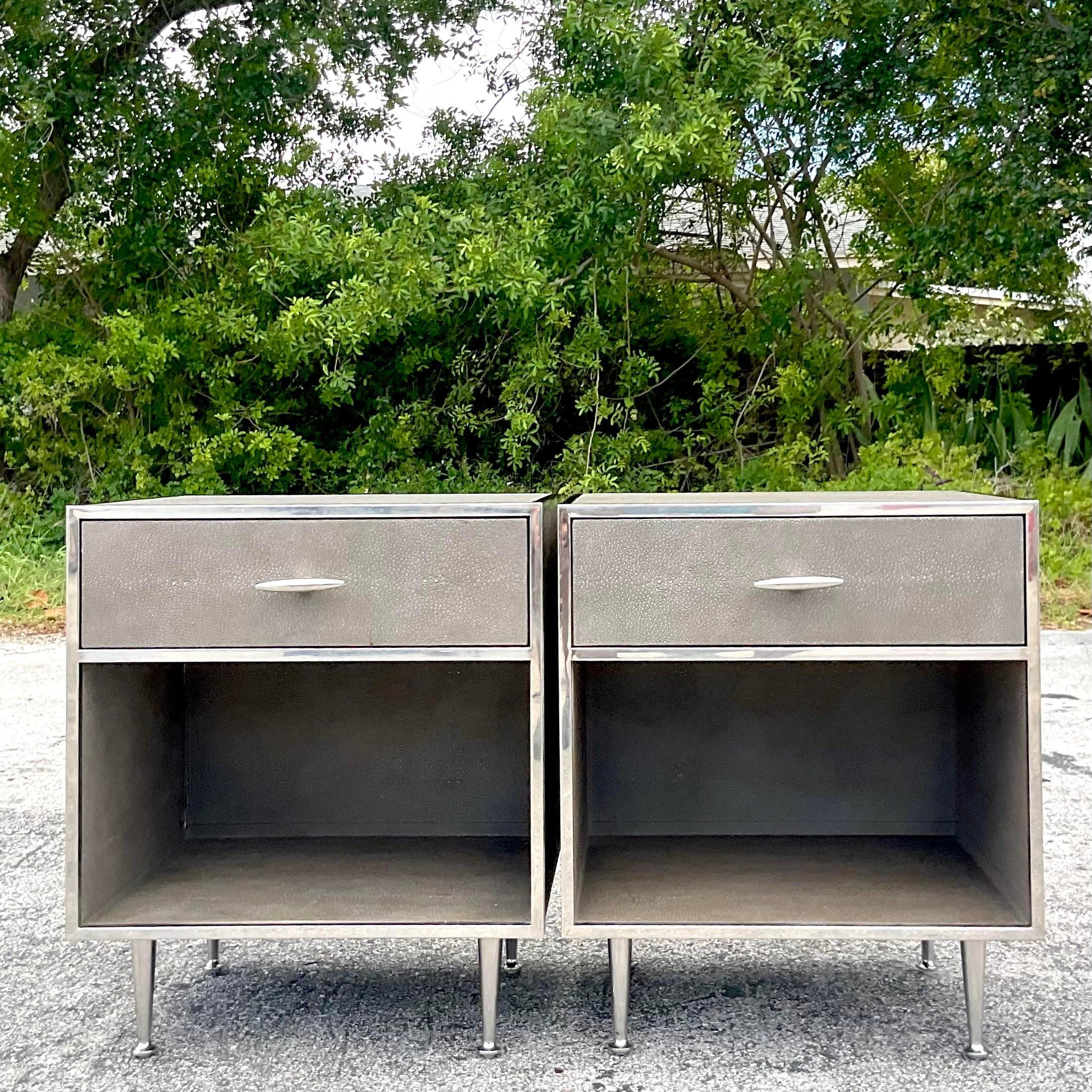 Contemporary Four Hands Faux Shagreen Nightstands - a Pair In Good Condition For Sale In west palm beach, FL