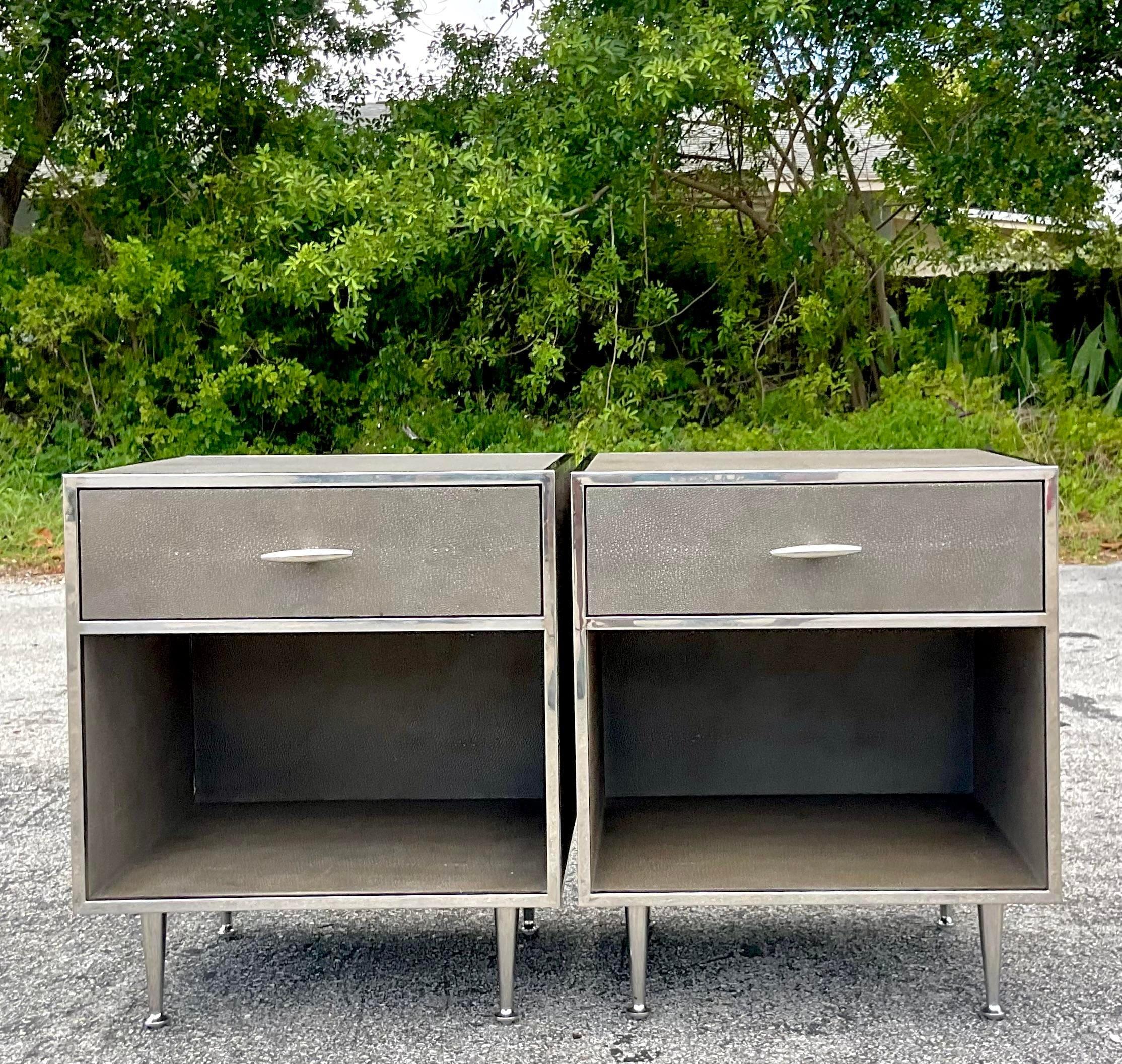 Contemporary Four Hands Faux Shagreen Nightstands - a Pair For Sale 3