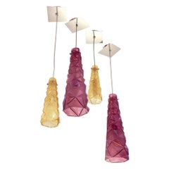 Contemporary Four Italian Diamond-Cut Purple and Yellow Murano Glass Pendants