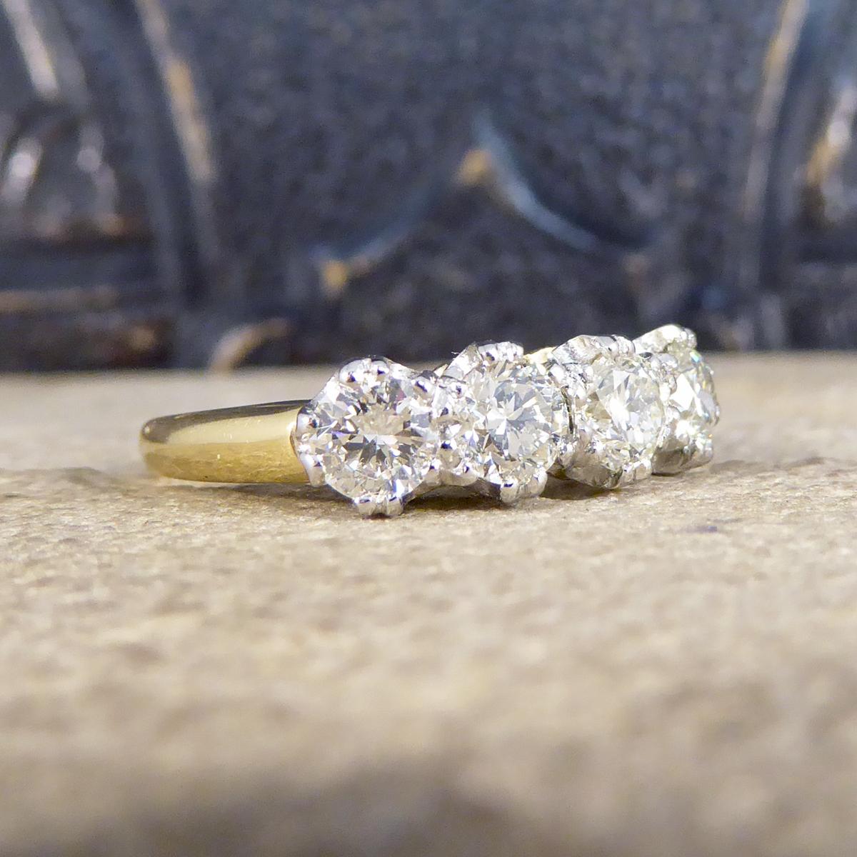 This glorious four stone diamond ring was crafted in an Edwardian style and sits very sparkly on the finger with approx 1.10ct Old Cut Diamonds. With a beautifully simplistic gallery and setting this ring is made from 18ct Yellow Gold and Platinum