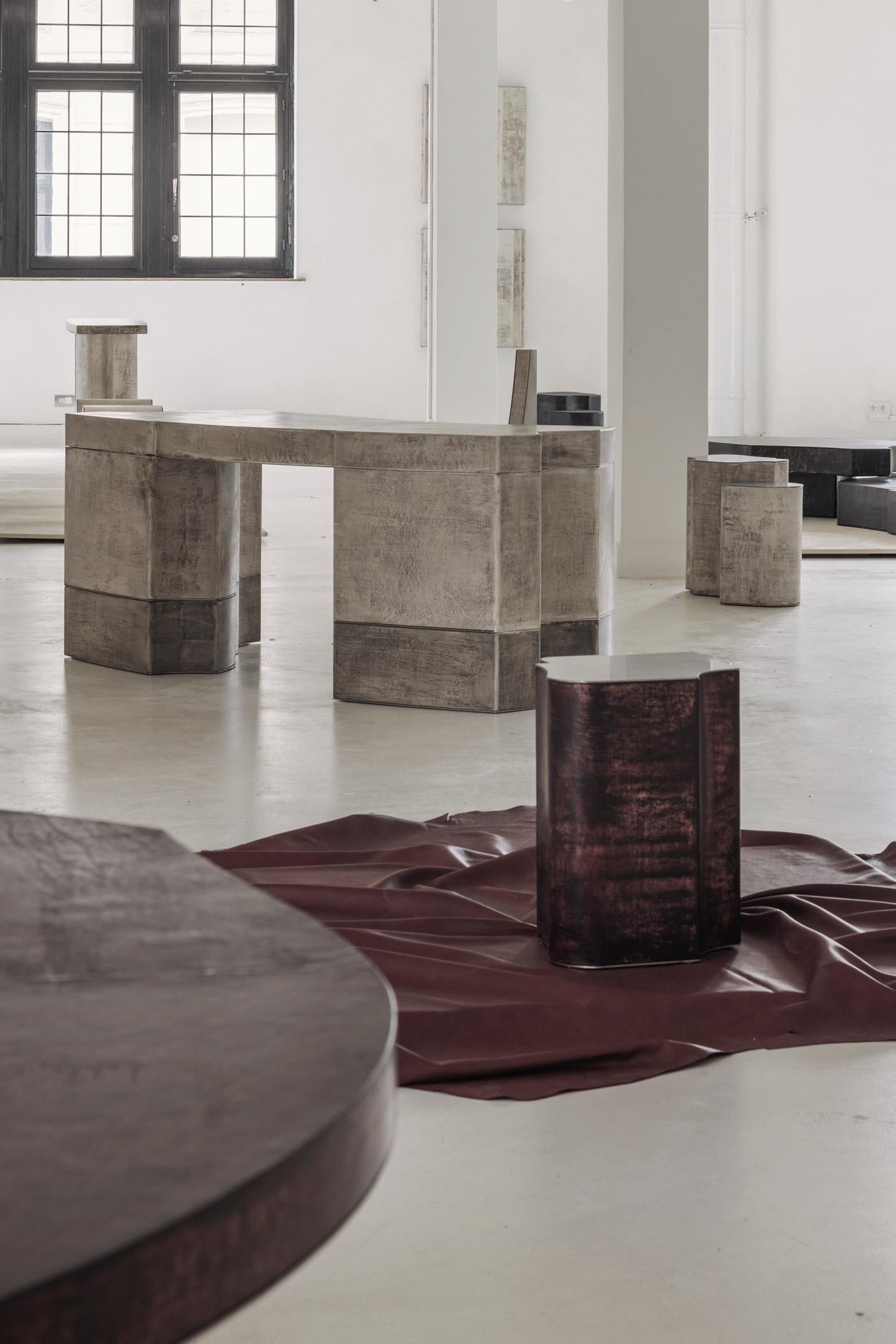 Stainless Steel Contemporary Fragment Side Table combo with patinated leather by Jumandie Seys