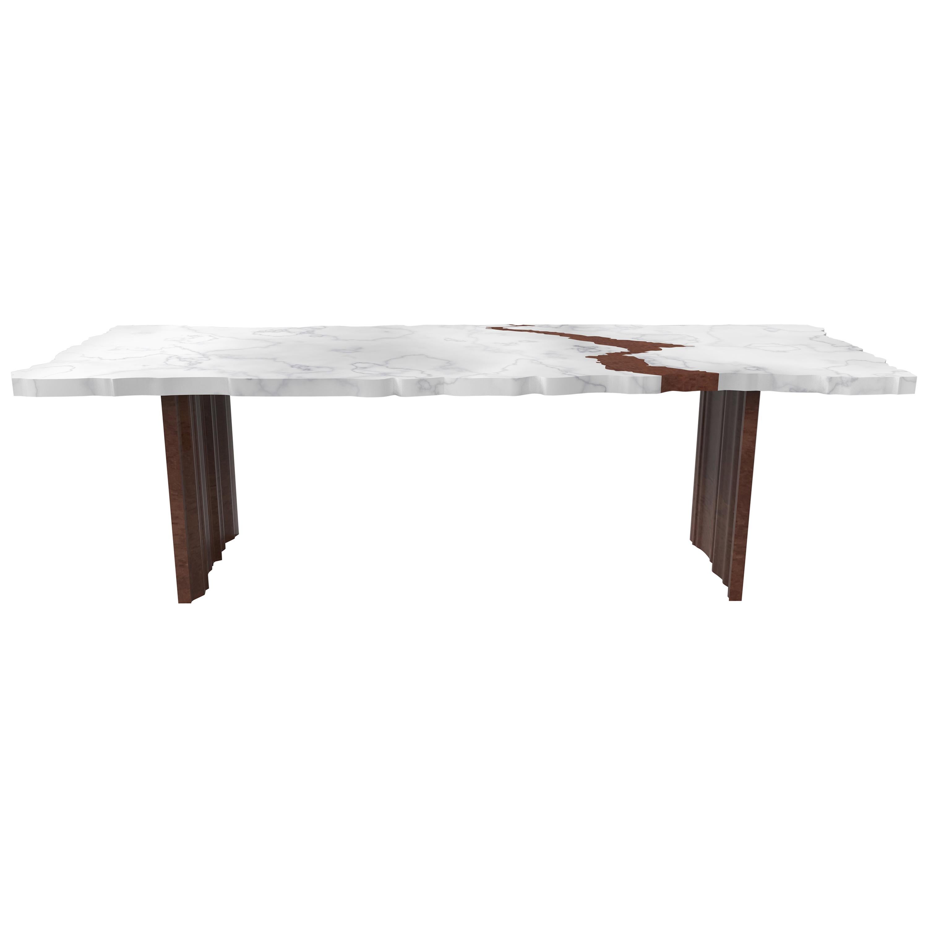 Contemporary “FRAK-tur” Table in Hand Sculpted Carrara Marble For Sale