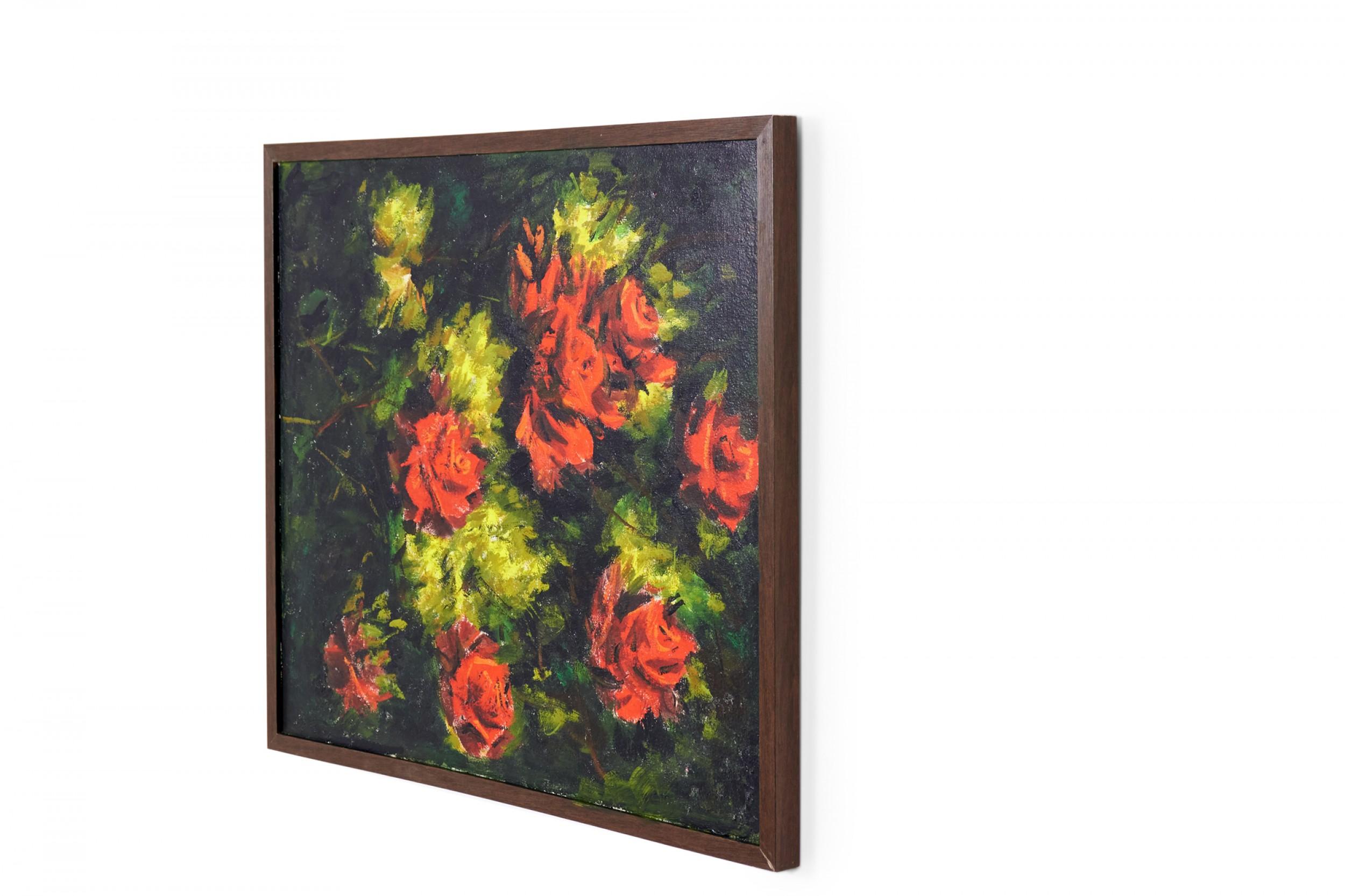 Pintura acrílica abstracta estilizada contemporánea enmarcada de flores Desconocido en venta