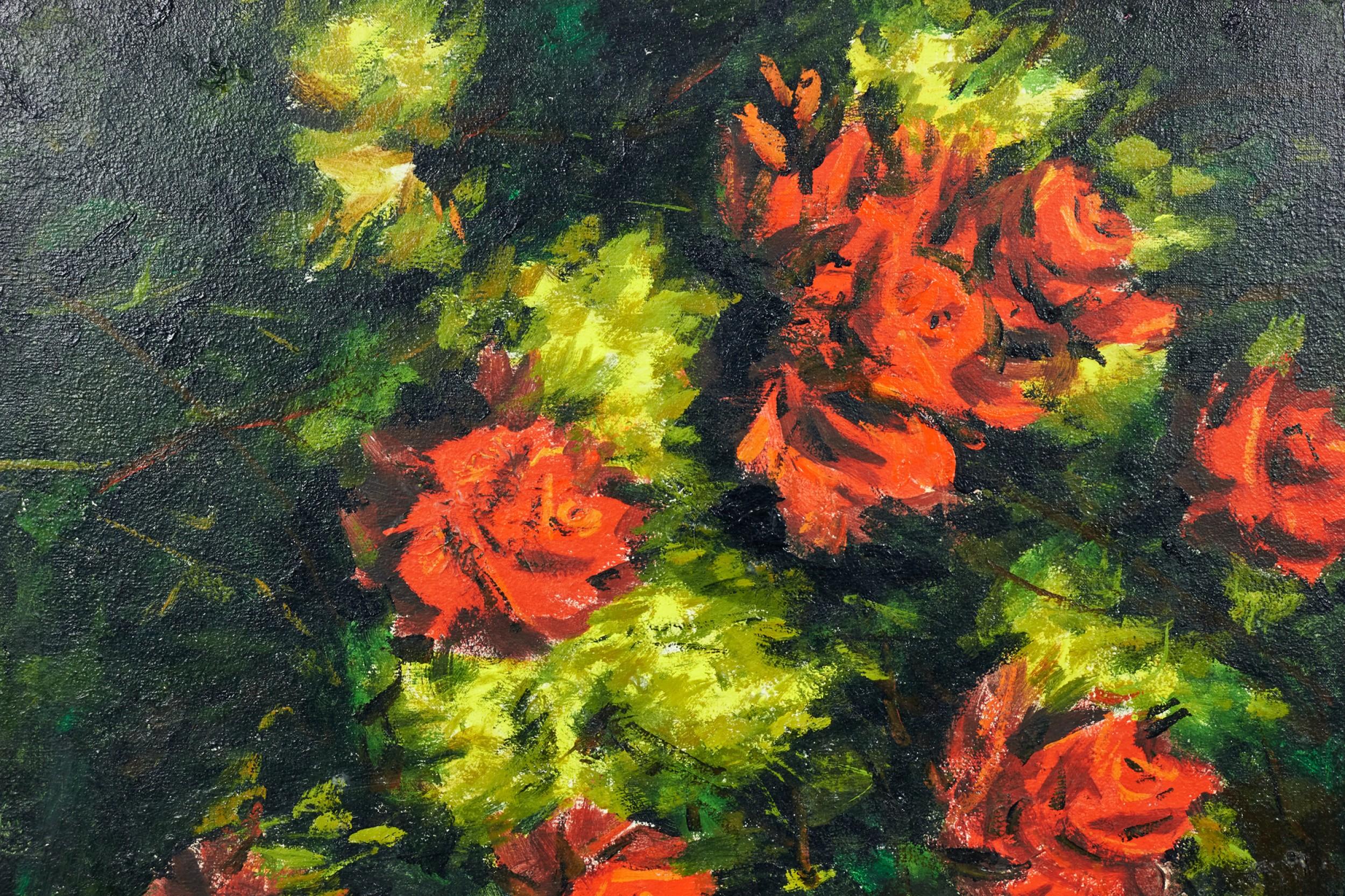 Pintura acrílica abstracta estilizada contemporánea enmarcada de flores Pintado a mano en venta