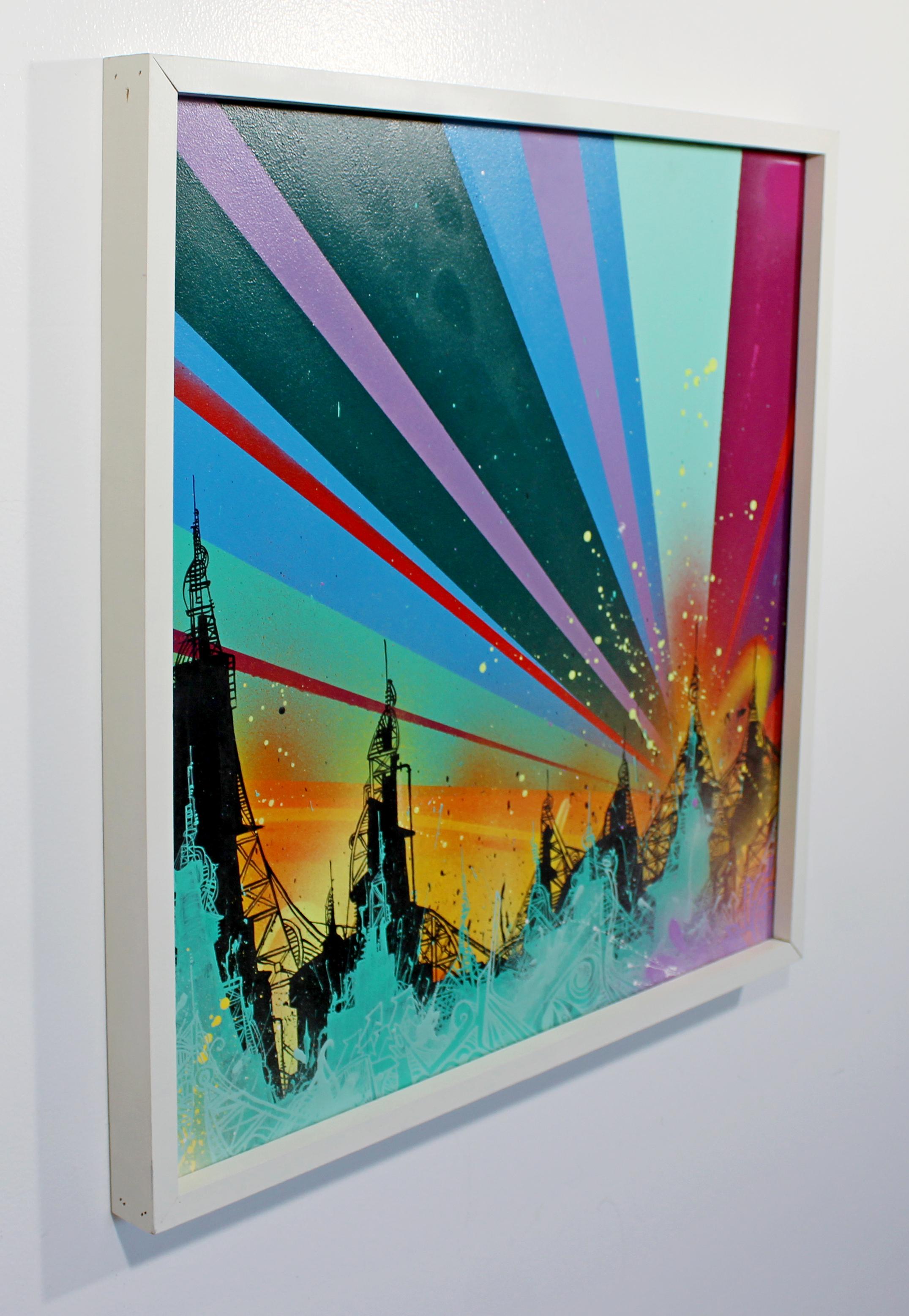 For your consideration is an exciting, framed, acrylic and spray paint on wood painting, 