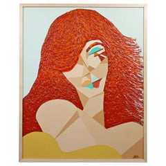 Contemporary Framed Acrylic Impasto Collage Painting Red Headed Woman Signed