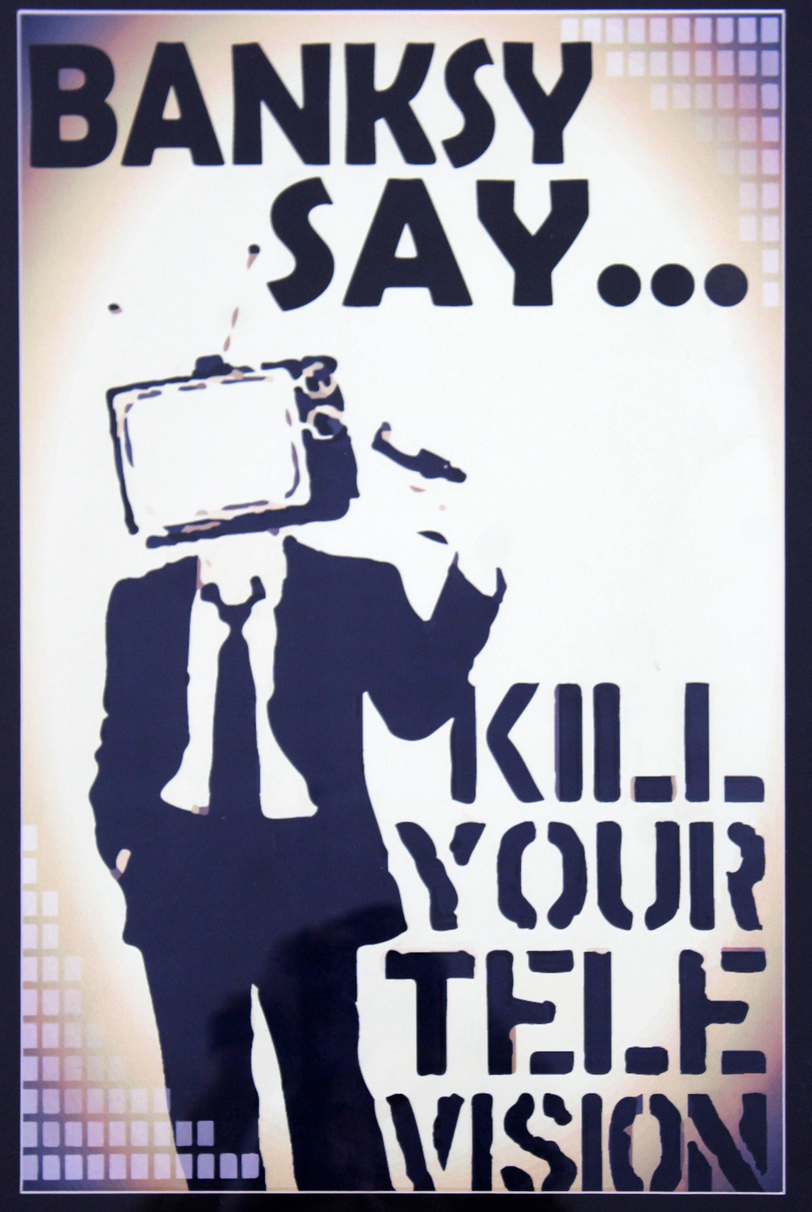 Contemporary Framed Banksy Offset Lithograph Kill Your Television Graffiti Art In Good Condition In Keego Harbor, MI