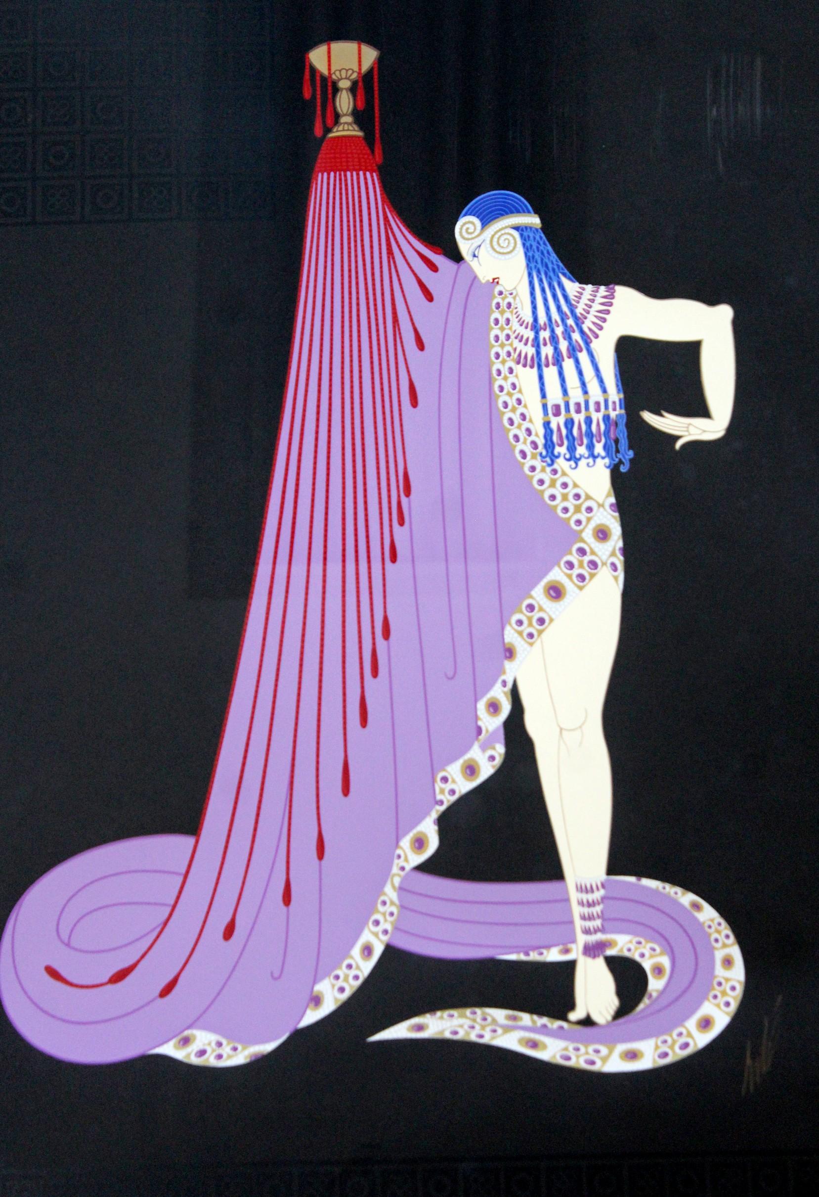Slave of Salome, 1979, is an embossed serigraph with foil stamping printed on black paper, signed and numbered by Erte, 208/300. The artwork depicts the story written by Oscar Wilde. In excellent condition. This piece measures 36