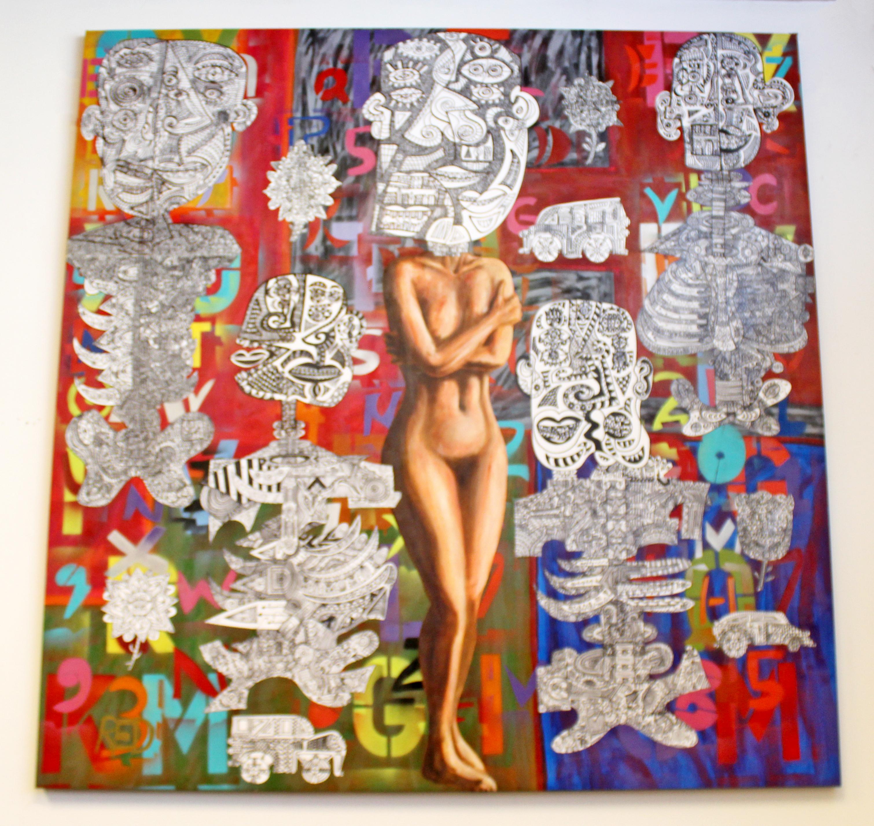 For your consideration is a phenomenal example of framed street art, in acrylic on canvas, with a nude, signed 