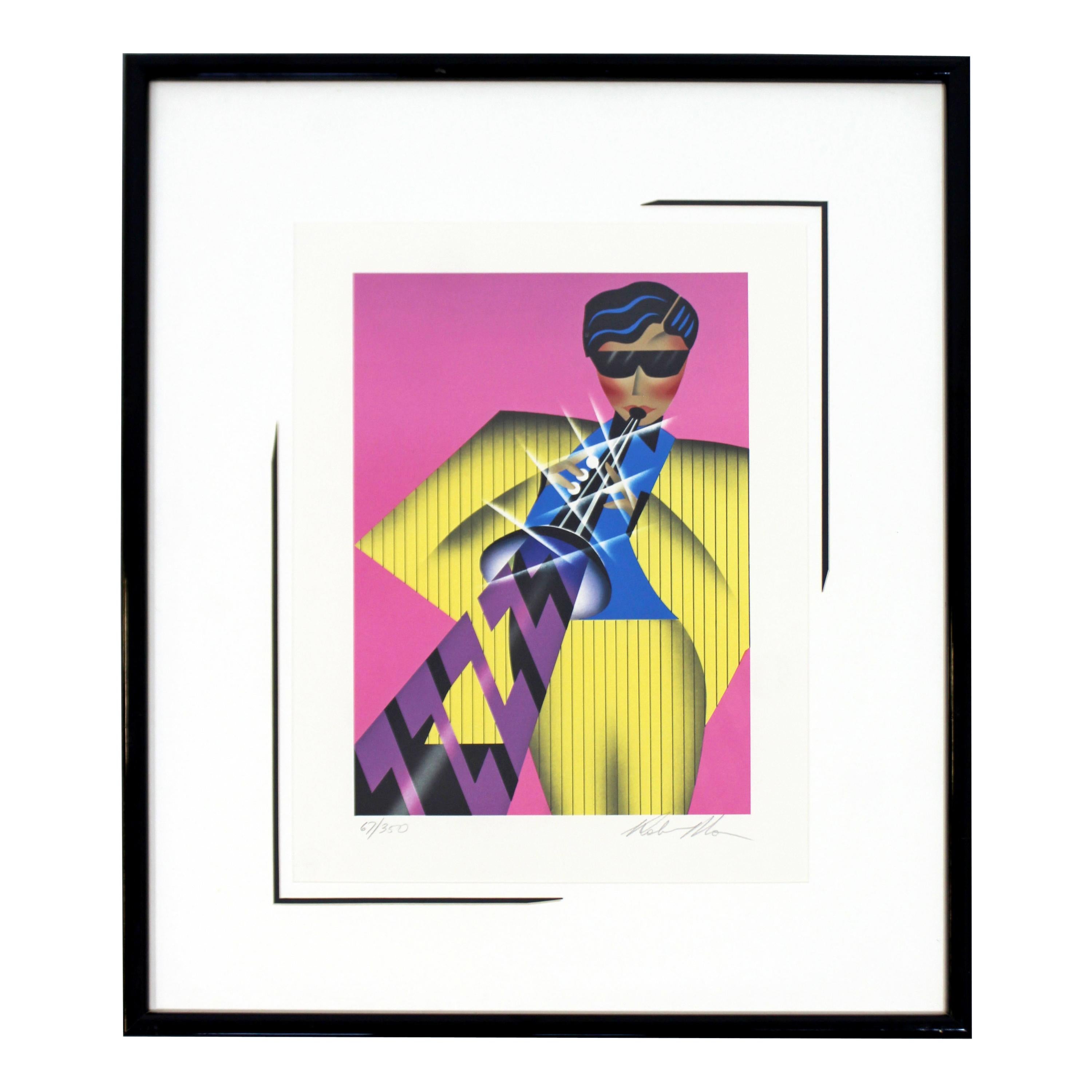 For your consideration is a funky, framed lithograph, depicting a Jazz player, signed by Robin Morris and numbered 67/350, circa 1980s. In excellent condition. The dimensions of the frame are 20