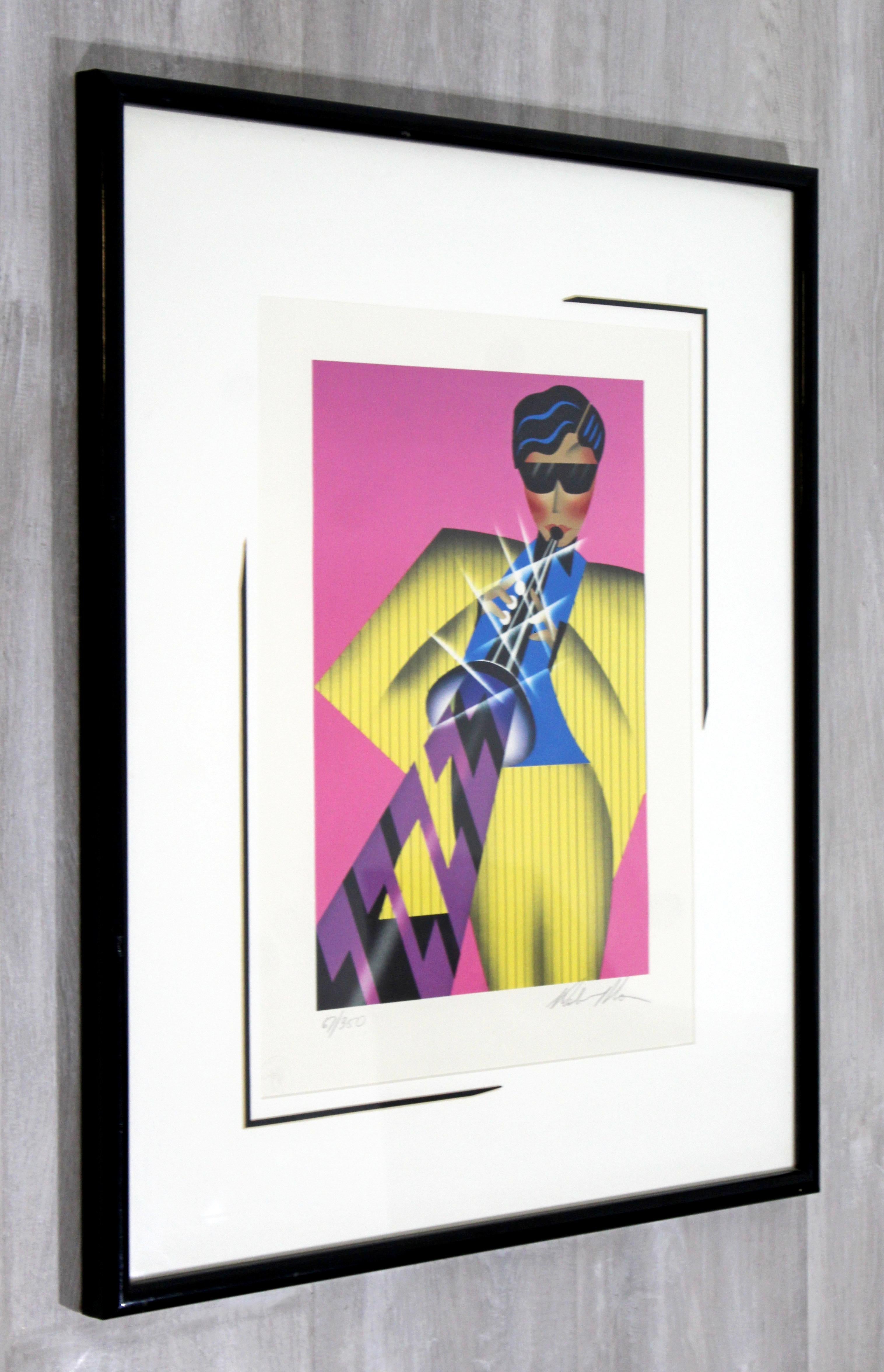 Contemporary Framed Lithograph of Jazz Player Signed Robin Morris 1980s 67/350 1