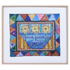 Contemporary Framed Quilted Textile Art Painting on Canvas