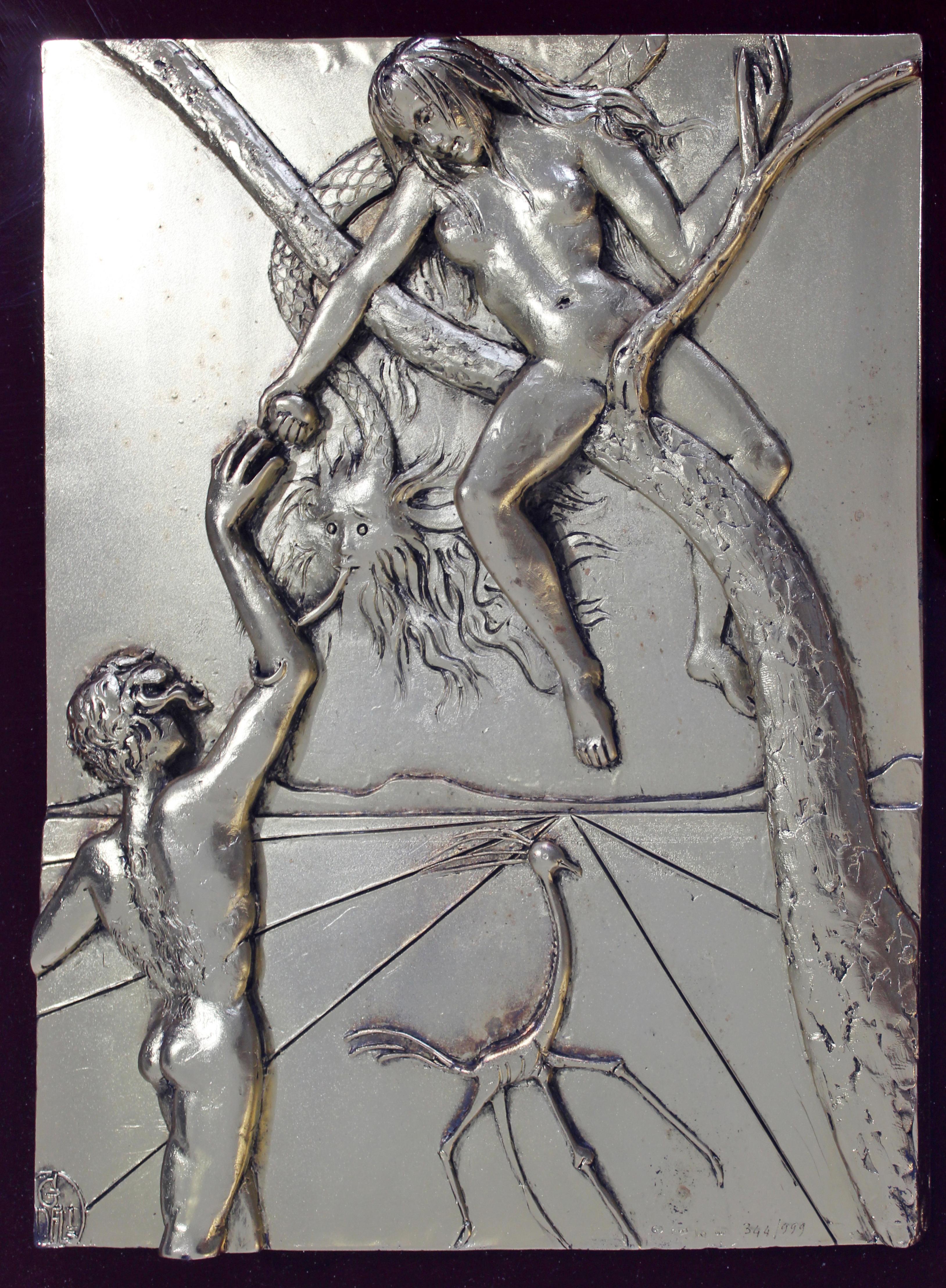 Late 20th Century Contemporary Framed Salvador Dali Bas Wall Relief Gold Dipped Silver Peccato