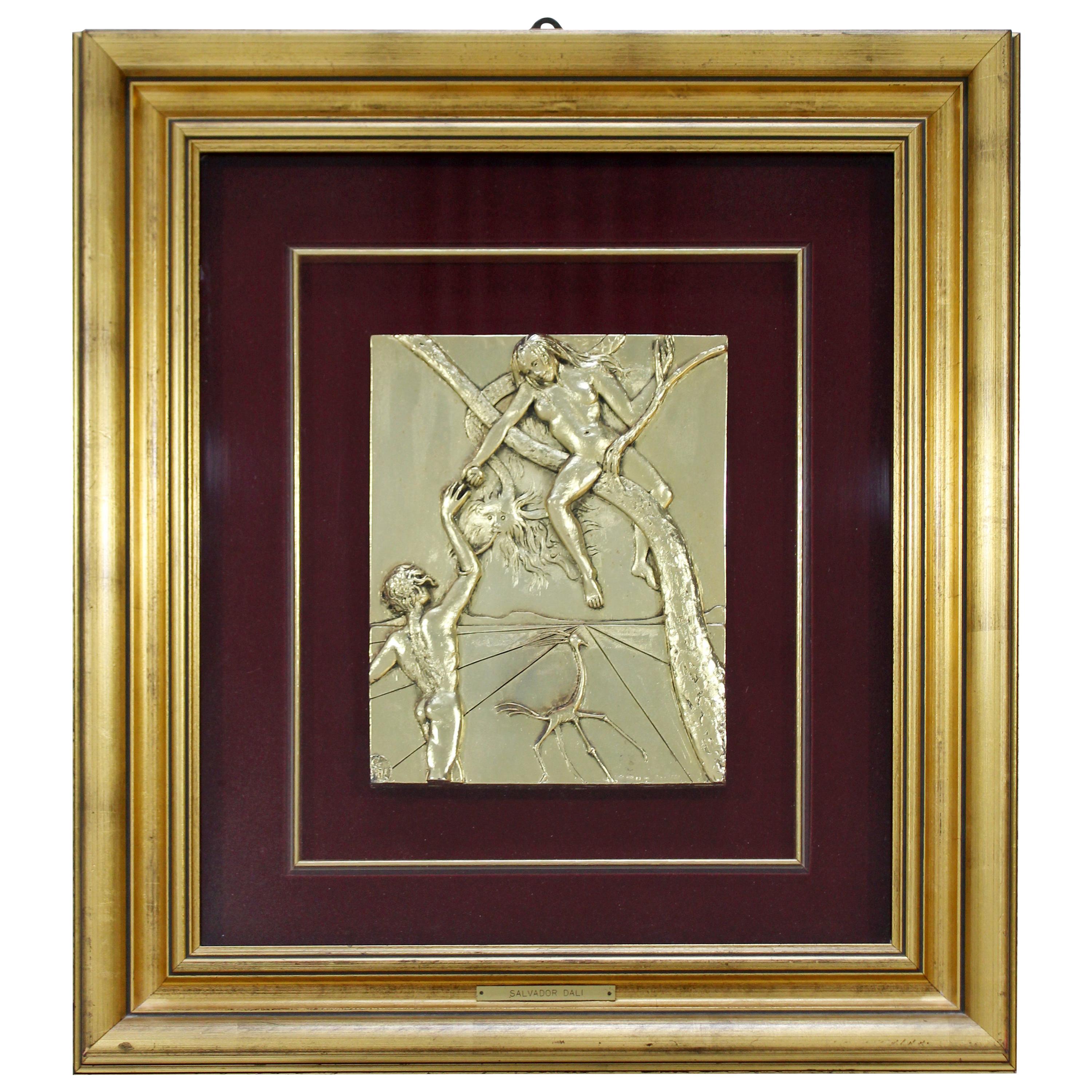Contemporary Framed Salvador Dali Bas Wall Relief Gold Dipped Silver Peccato
