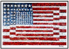 Contemporary Framed Three Flags Photo Mosaic Seriolithograph Signed Neil Farkas