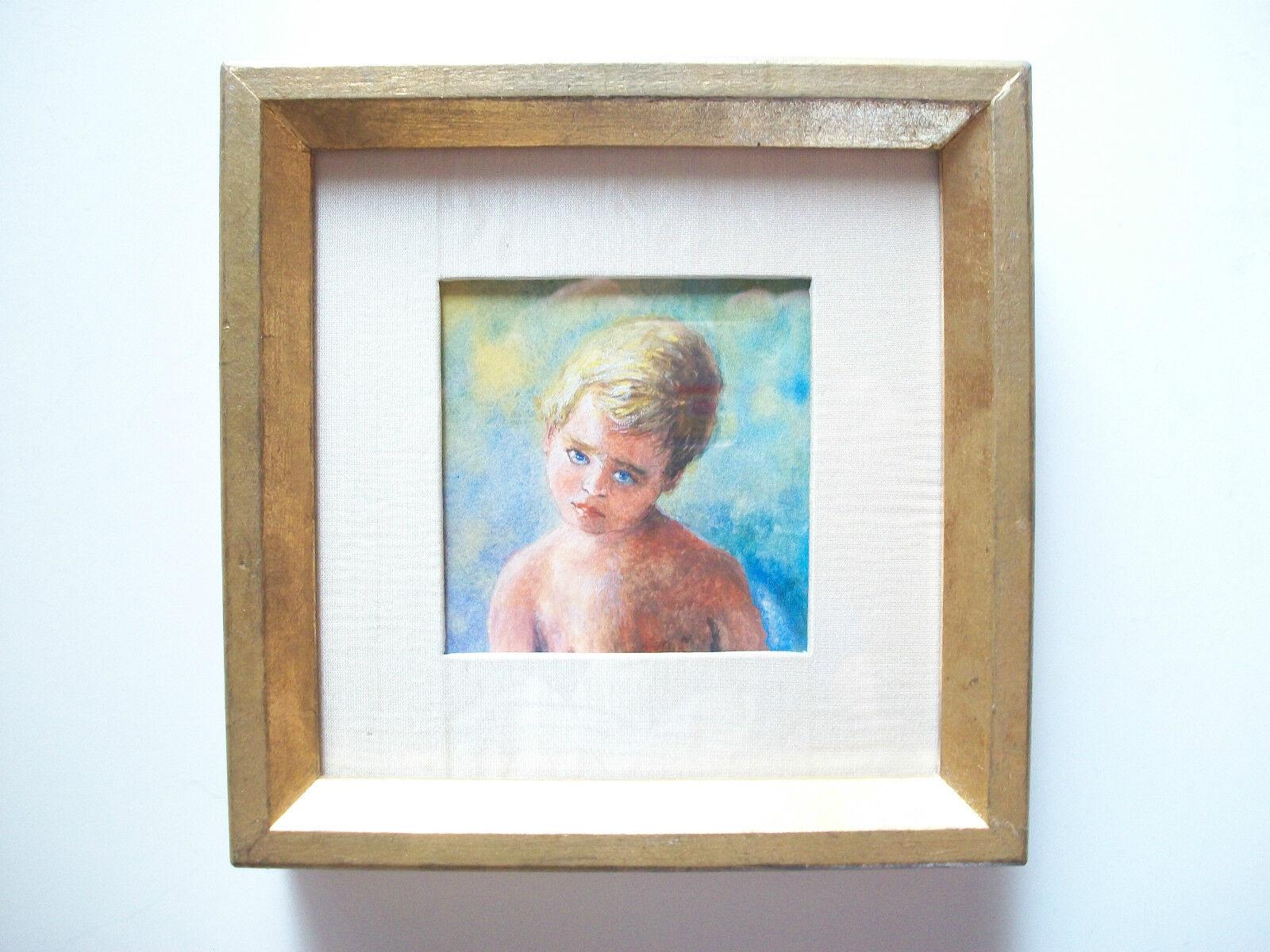 Contemporary watercolor portrait of a young boy - unsigned - custom silk matte and gilt frame with glass - hanger to the back - Canada - late 20th century.

Excellent condition - bright and strong color - silk matte with a few ripples - ready to