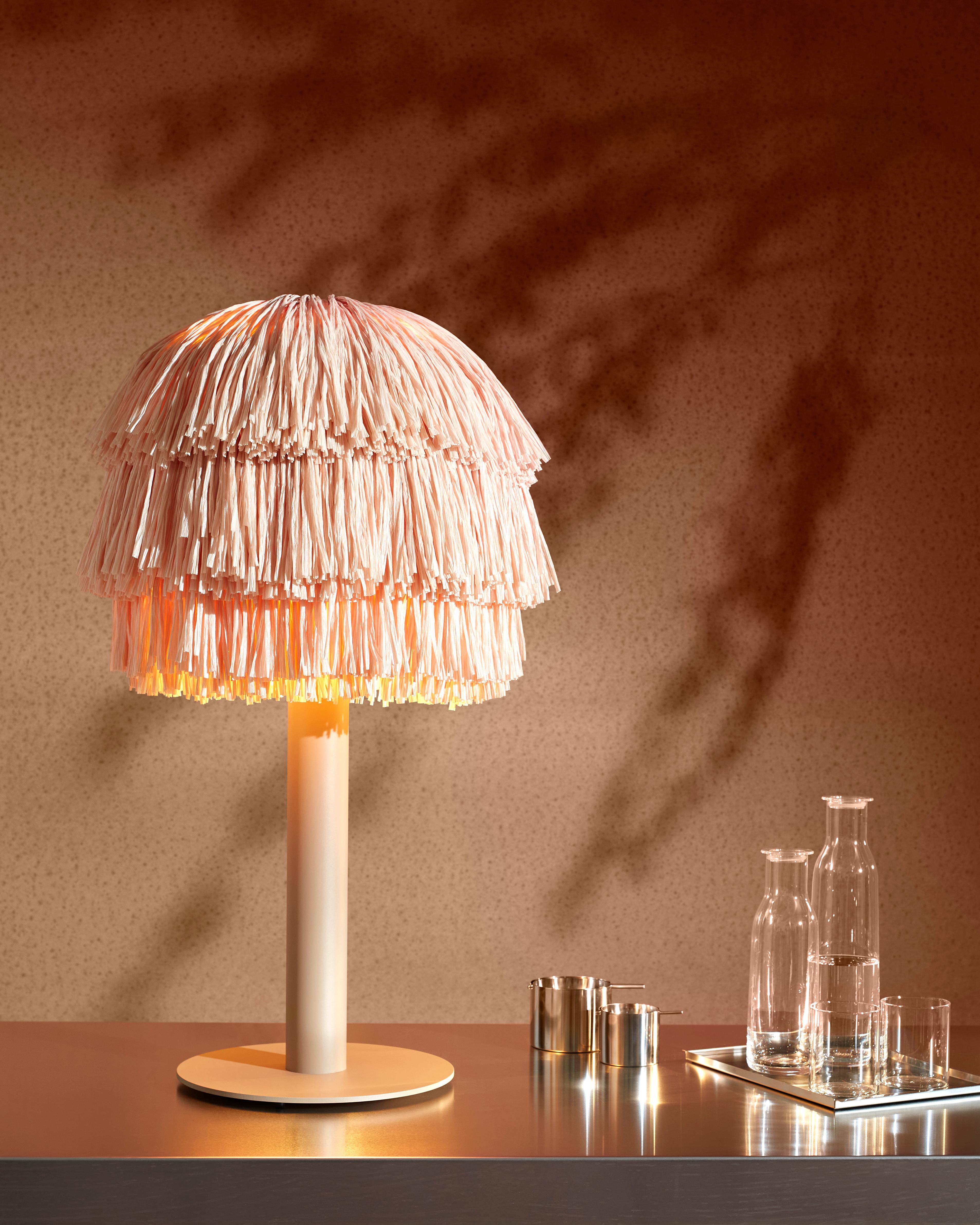 German Contemporary Fran Table Lamp in Raffia Fringes & Steel For Sale