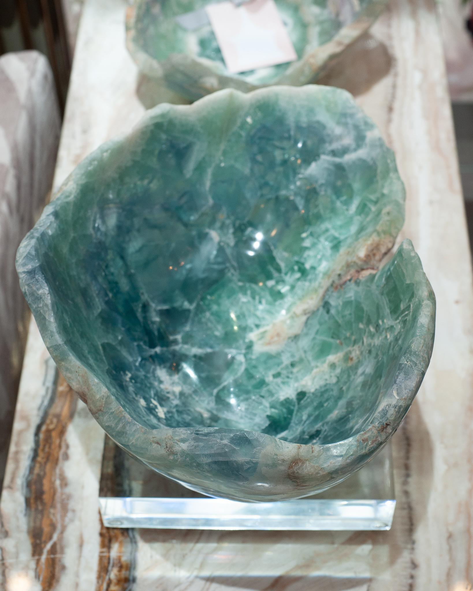 American Contemporary Freeform Fluorite Green and Blue Banded Bowl For Sale