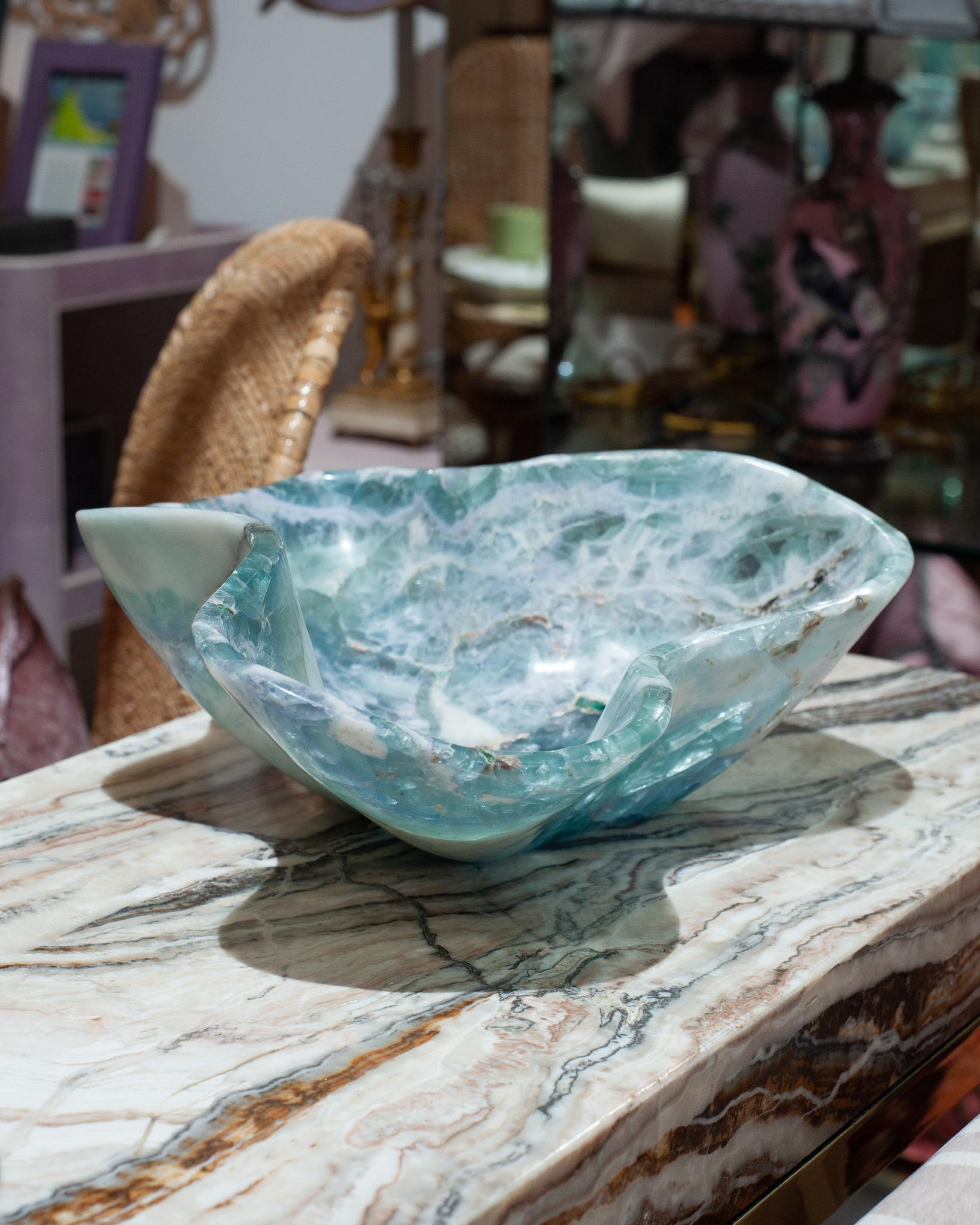 American Contemporary Freeform Fluorite Green and Blue Banded Bowl