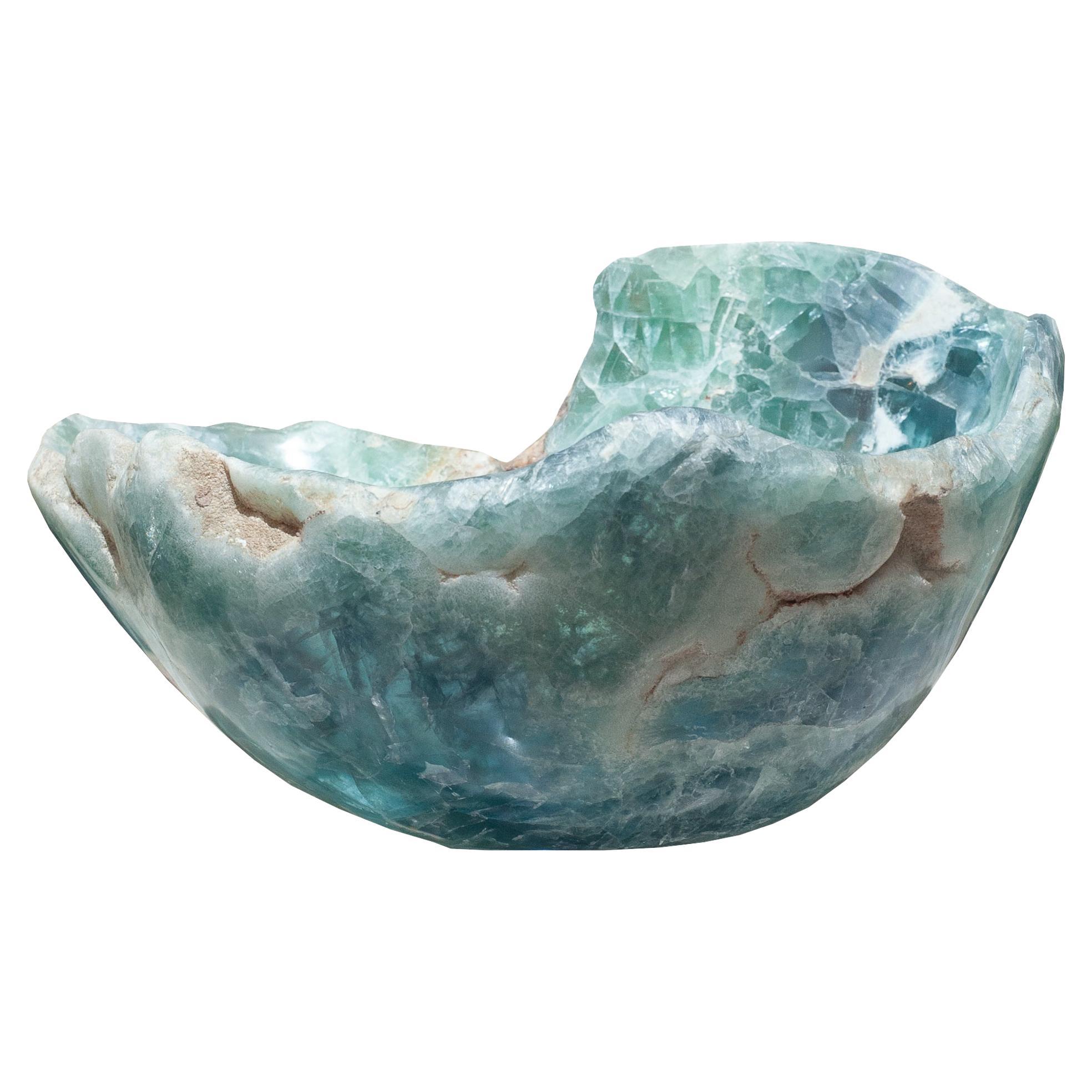 Contemporary Freeform Fluorite Green and Blue Banded Bowl