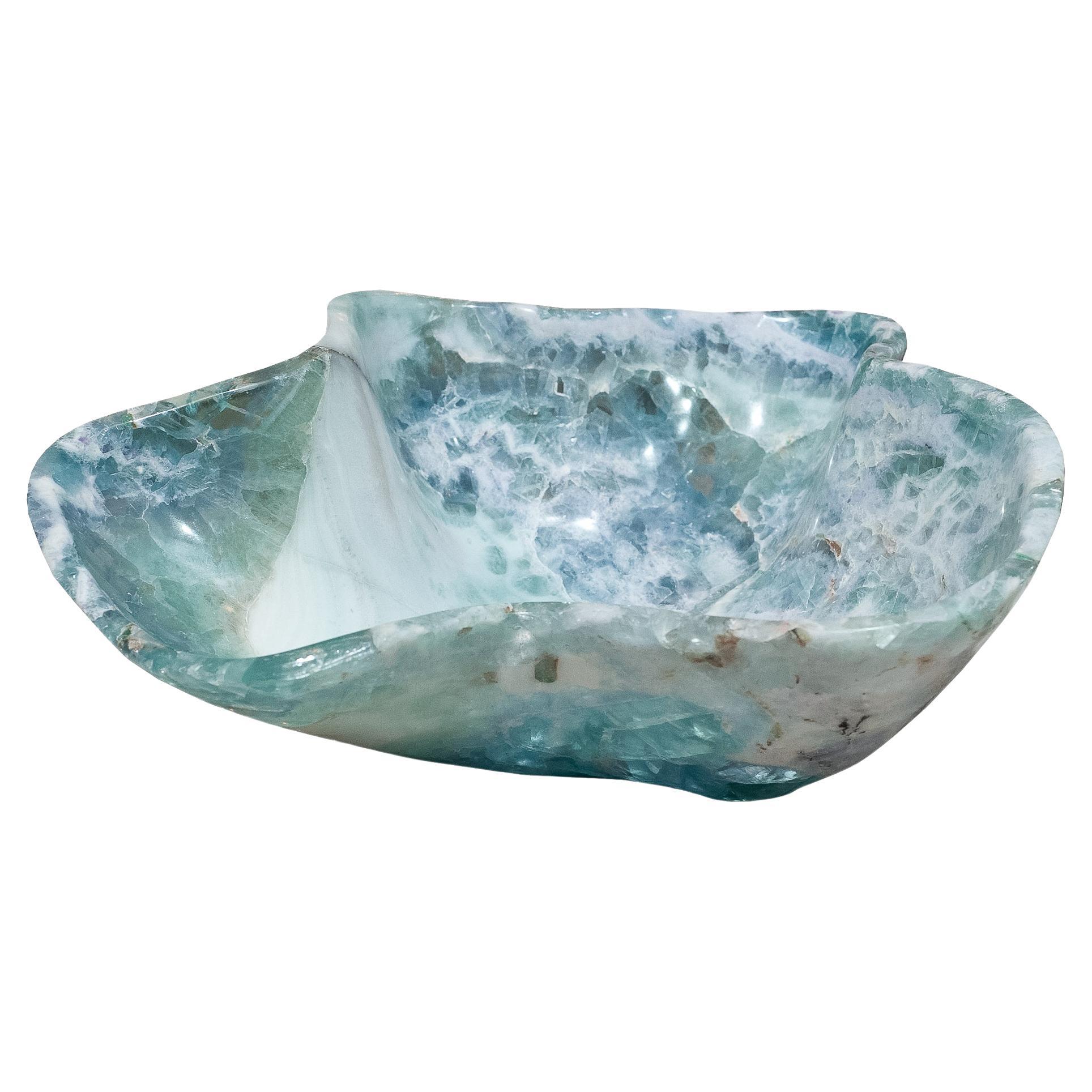 Contemporary Freeform Fluorite Green and Blue Banded Bowl