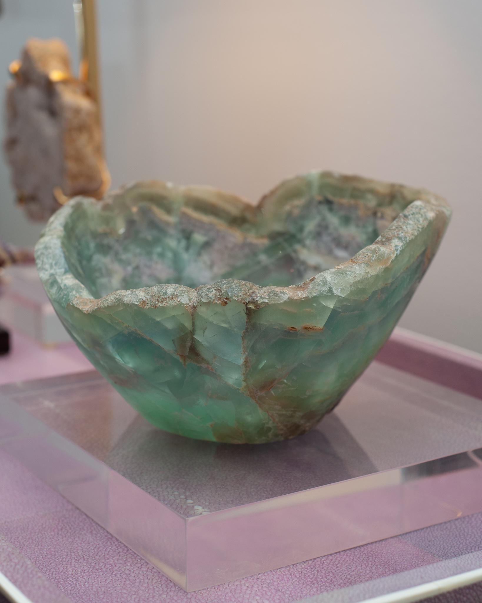 American Contemporary Freeform Fluorite Green and Purple Banded Bowl