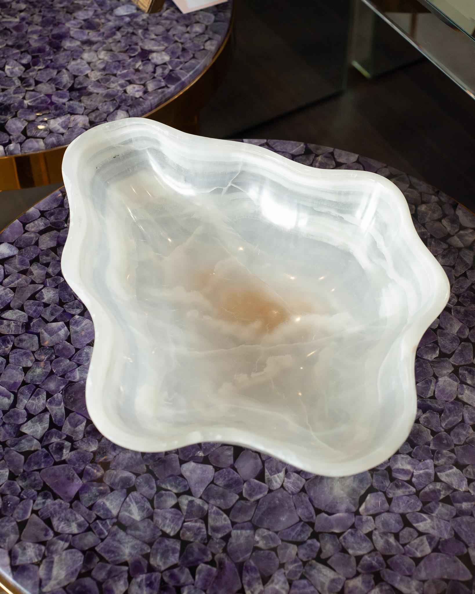 American Contemporary Freeform Hand Carved Banded Onyx Bowl For Sale