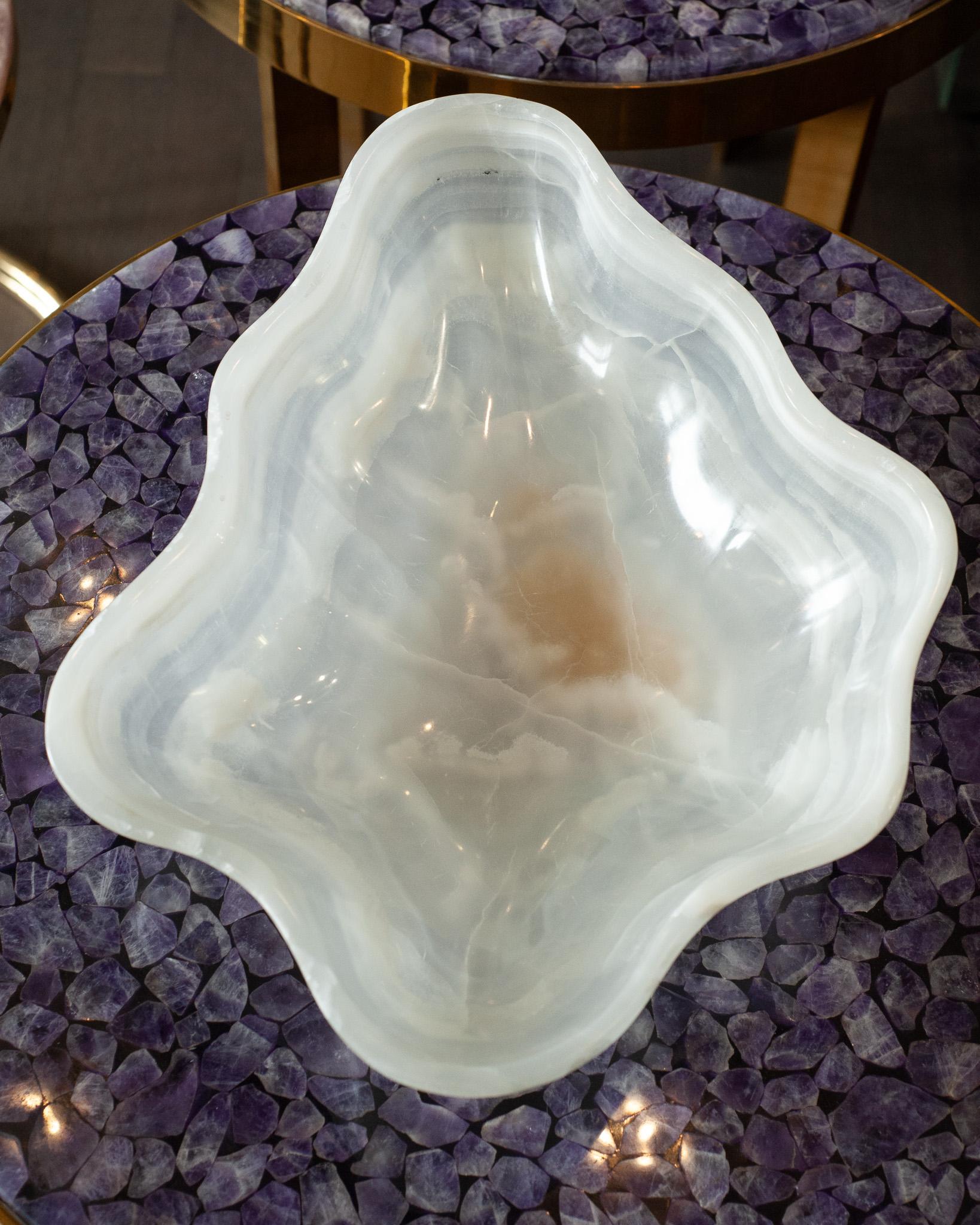 Stone Contemporary Freeform Hand Carved Banded Onyx Bowl For Sale