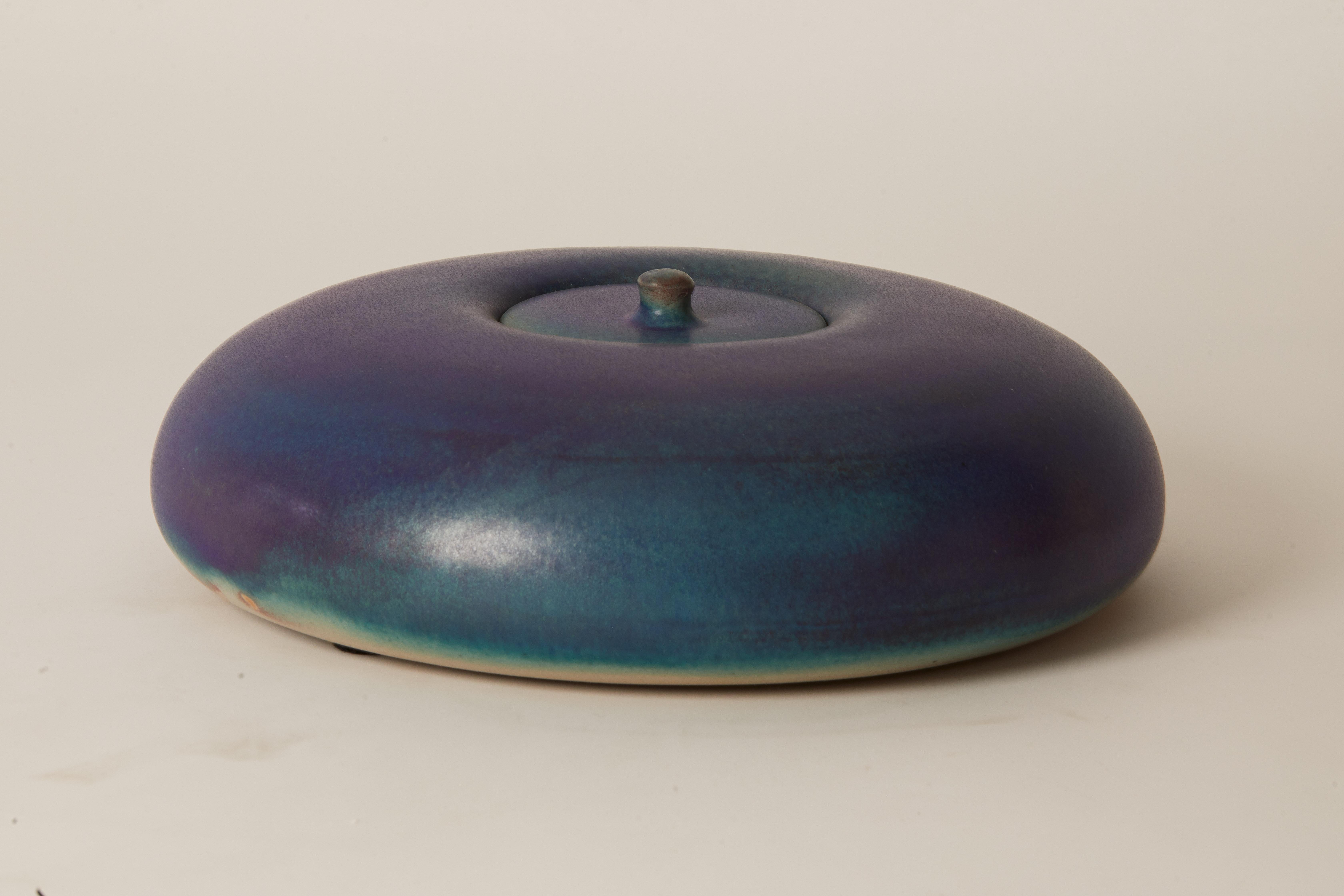 Contemporary French purple and blue rounded lidded cache pot. Signed at the base.