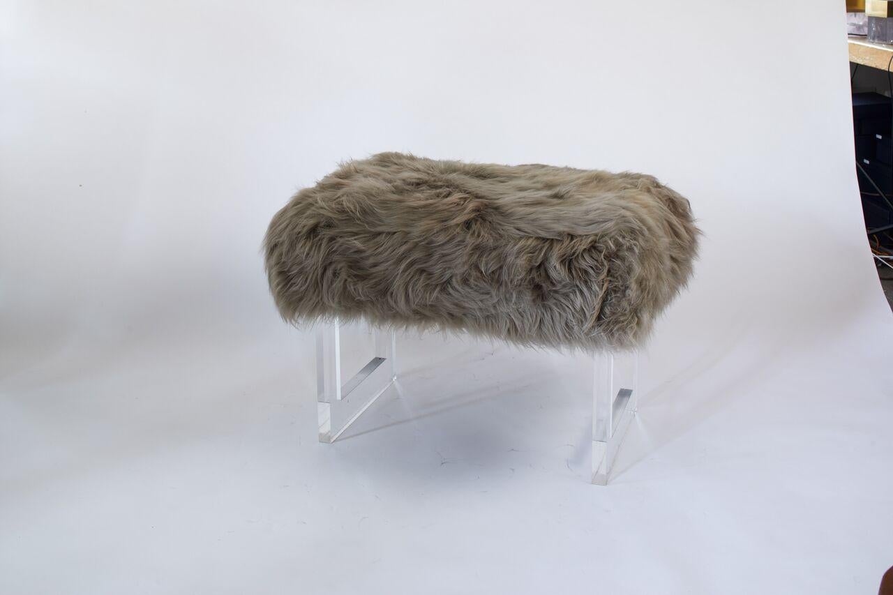 Contemporary French bespoke bench in taupe with Scandinavian sheep upholstery and Lucite legs (also available; able in emerald and garnet).