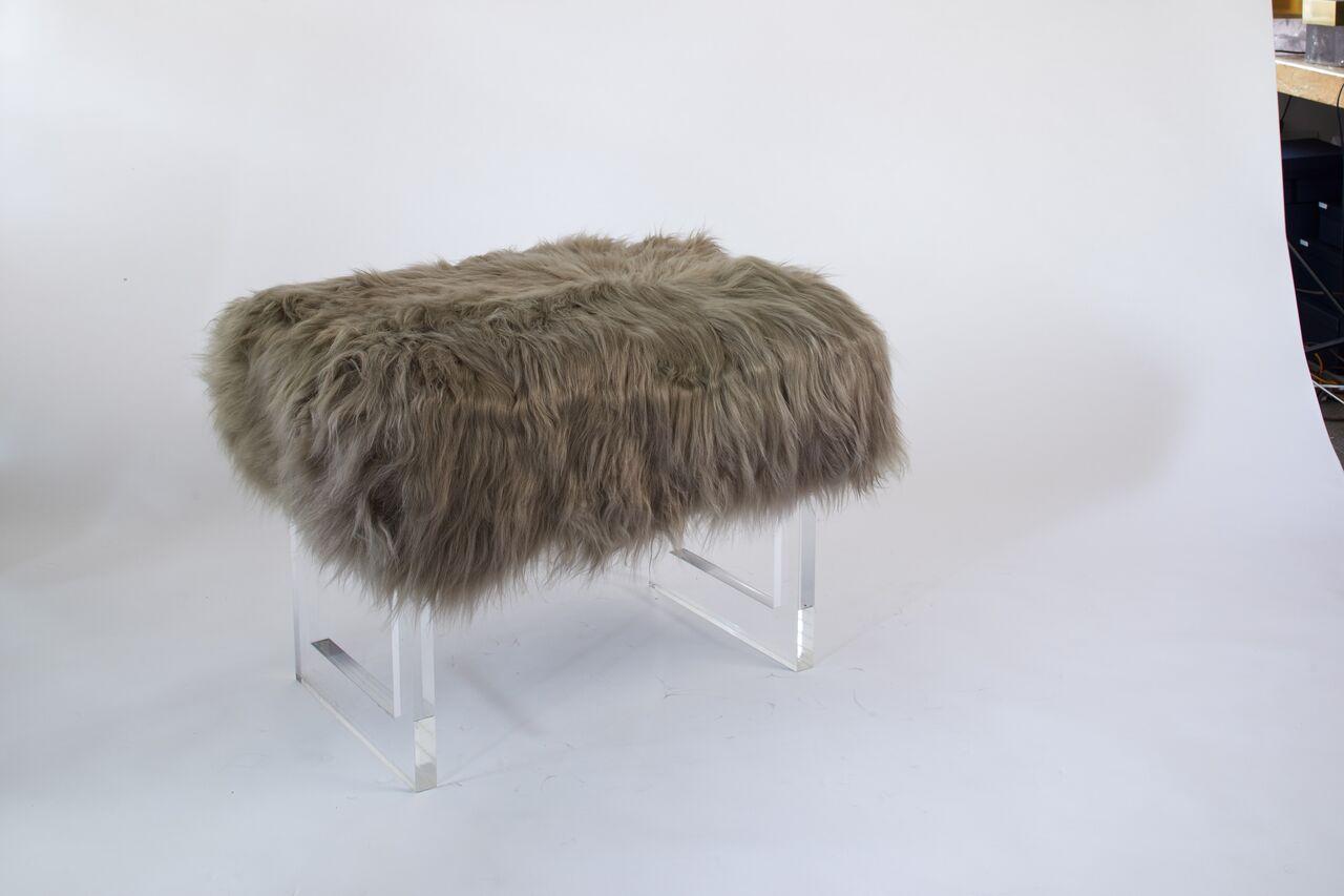 Fir Contemporary French Bespoke Bench in Taupe with Scandinavian Sheep Upholstery