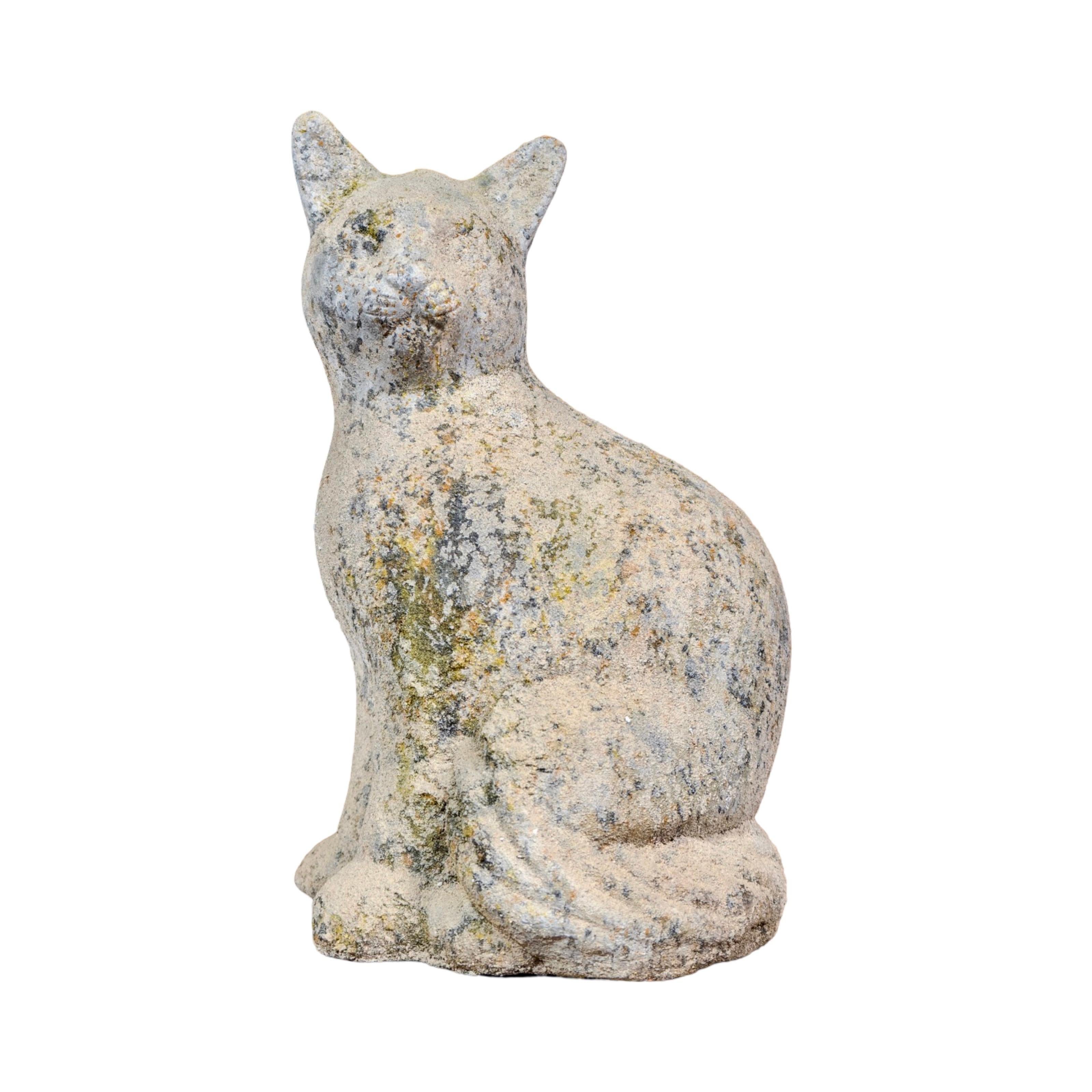 A contemporary cat sculpture from France, crafted from a granite composite that offers durability and timeless charm. Perfectly suited for enhancing any outdoor space.