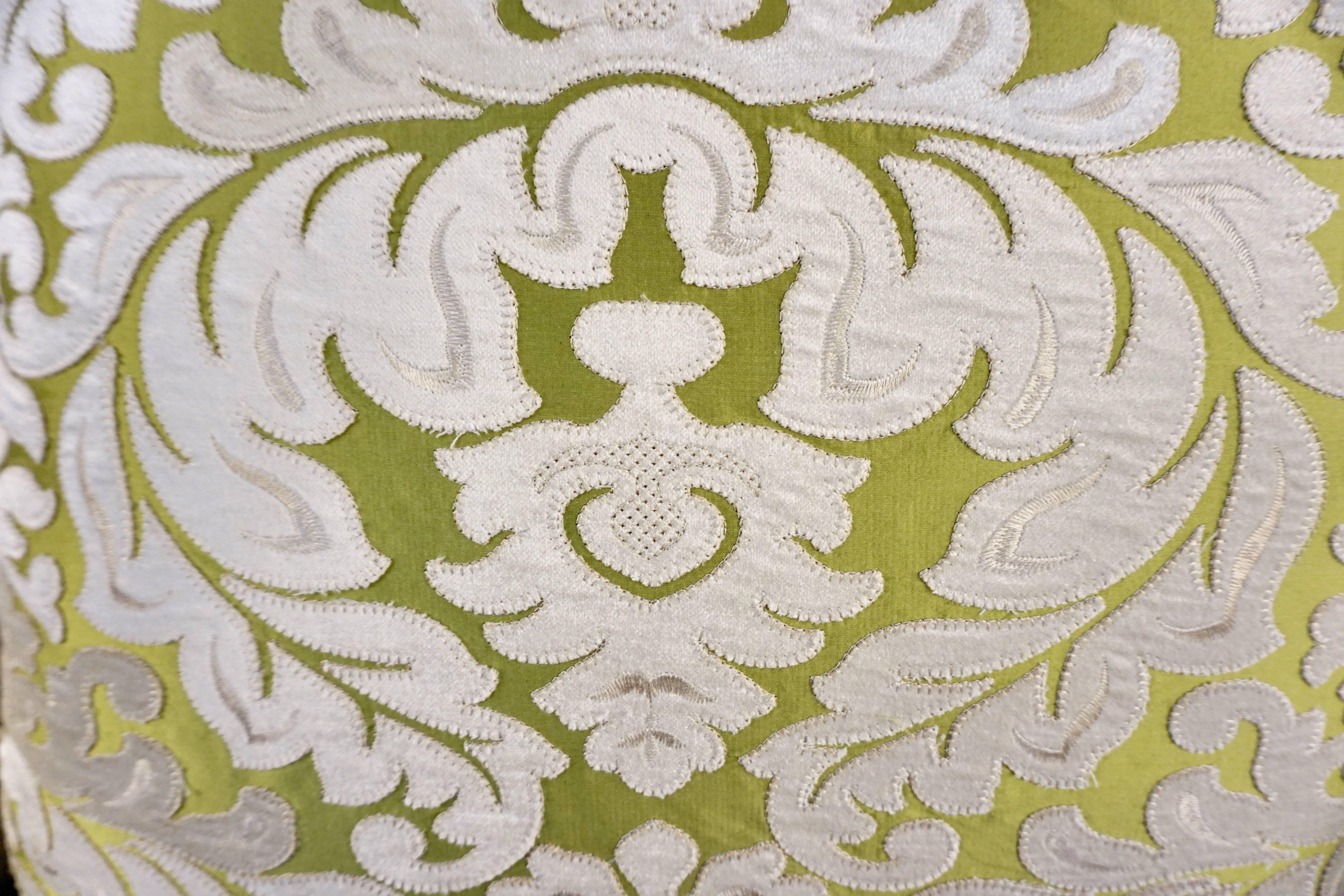 Silk Contemporary French Green and Ivory White Damask Velvet Throw Pillows